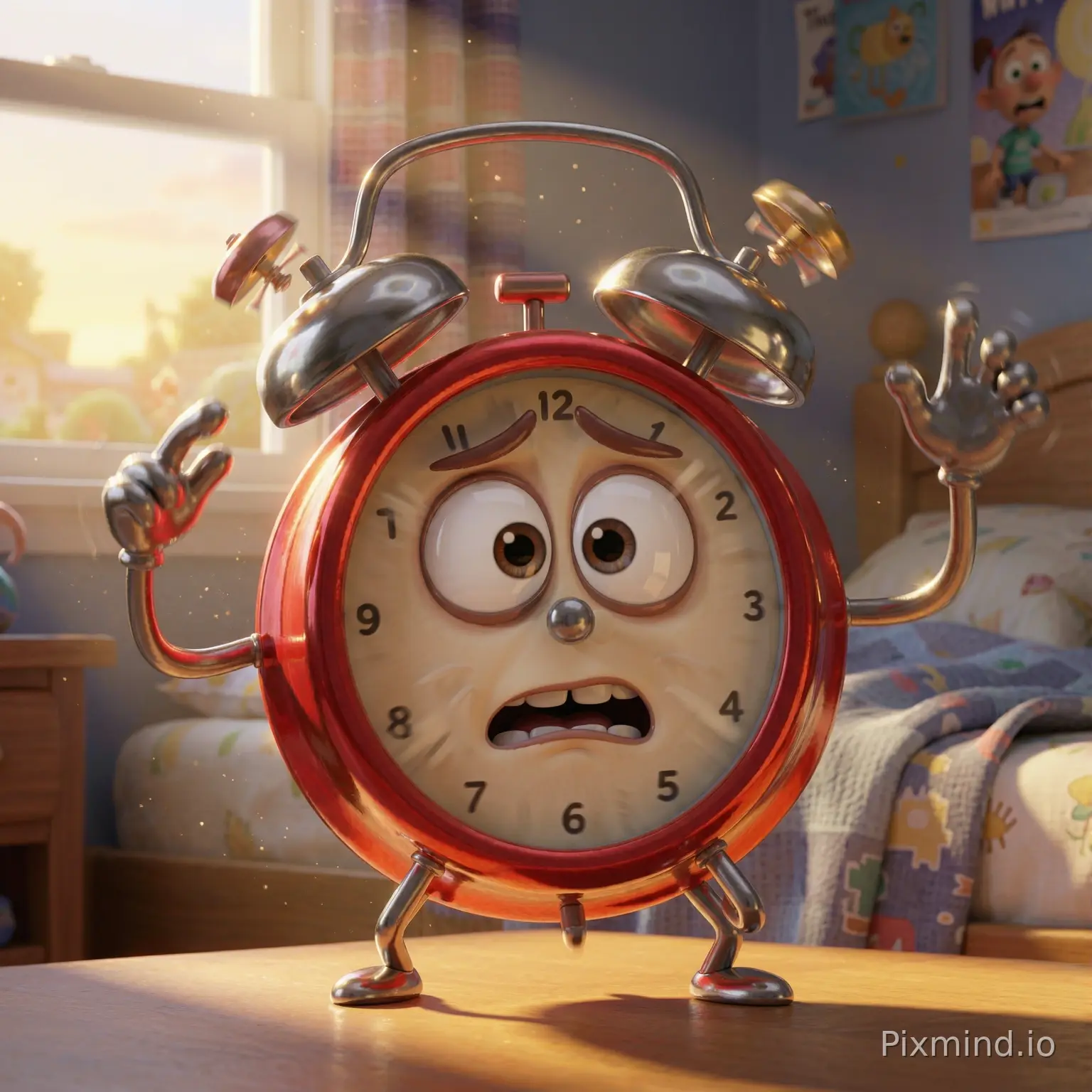 A Pixar-style 3D animated alarm clock with a shiny red body, big expressive eyes on its clock face, raised worried eyebrows, and a slightly open mouth showing urgency. It has thin flexible arms and small metallic legs. One arm is pointing at its ringing bells while the other waves frantically. The scene is a cozy bedroom at sunrise, golden light spilling through the window, dust particles glowing in the air. The bed in the background is messy, suggesting oversleeping. The lighting is warm but tense, emphasizing urgency and motion blur around the ringing bells.