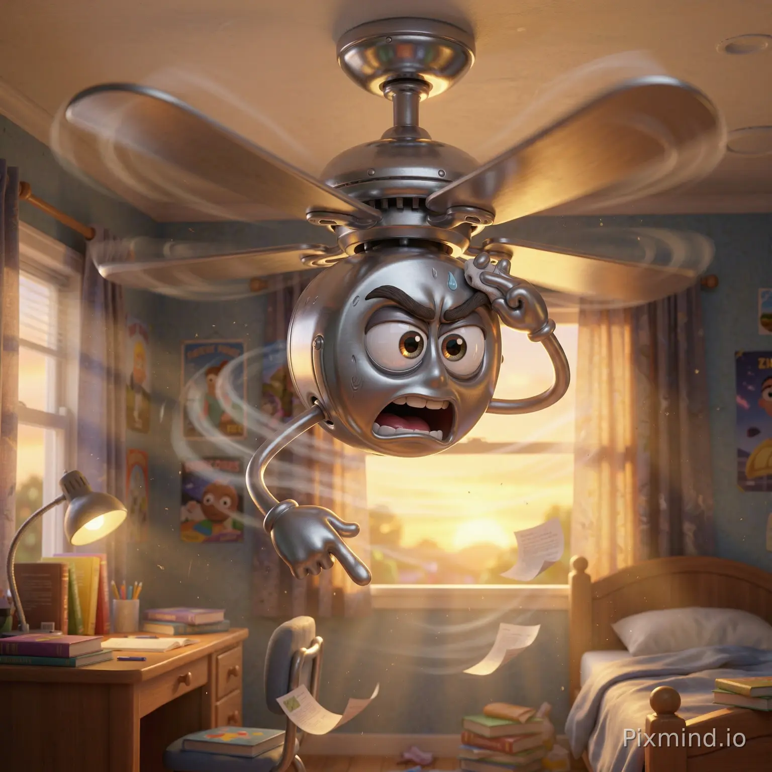 A highly detailed Pixar-style 3D cinematic render of a talking ceiling fan as the main character. The fan has a metallic silver body with smooth polished blades, each blade slightly curved with motion blur showing speed. In the center, the fan has a round expressive face with big glossy cartoon eyes, thick tilted eyebrows showing frustration, and a wide mouth half-open as if shouting. The eyes have reflections of the room lights, making them feel alive. Its flexible cartoon-like arms extend from the motor body, one arm pointing downward angrily while the other wipes imaginary sweat from its forehead. The fan’s body is slightly tilted as if exhausted from spinning all day.
The environment is a warm summer bedroom, cinematic and vibrant. A yellow-orange sunset glows through half-open curtains, creating dramatic god rays. The room has scattered books, a study table, a glowing lamp, and a slightly messy bed. Dust particles float in the air, highlighted by warm light beams. The fan is attached to the ceiling but animated like a living character, with exaggerated squash-and-stretch motion. The blades create wind waves visible in the air, making papers flutter below. The lighting is ultra-detailed Pixar quality with global illumination, soft shadows, warm highlights, and subtle rim lighting around the fan, creating emotional depth. The overall mood is tired, irritated, and dramatic, as if the fan has been overworked all day.