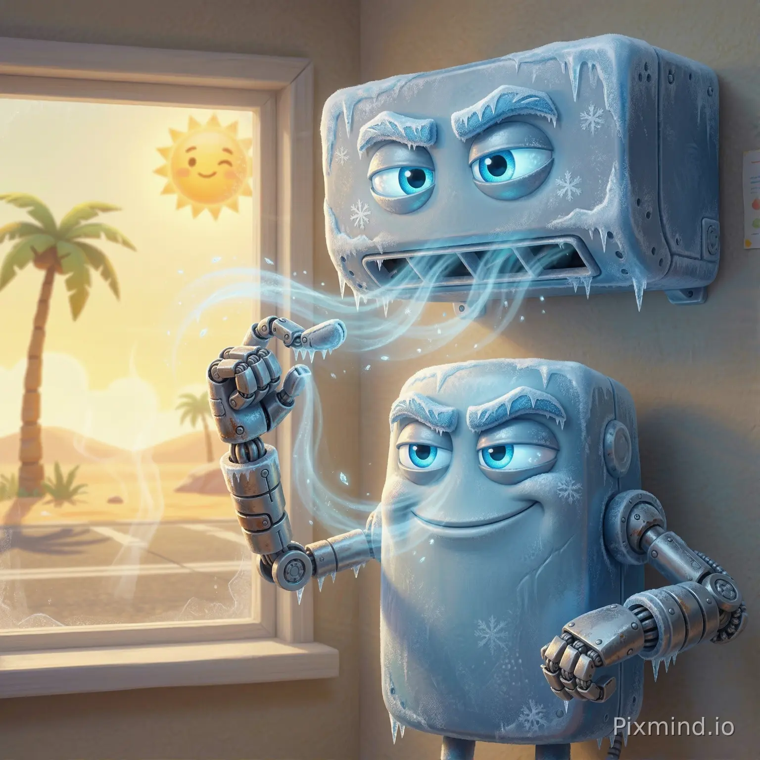 A chunky Pixar-style AC mounted on the wall, icy blue eyes, frosty eyebrows, and a cool confident grin. Cold air streams flow like magical ribbons. One robotic arm adjusts its vent while another folds confidently. Background shows summer heat outside the window.