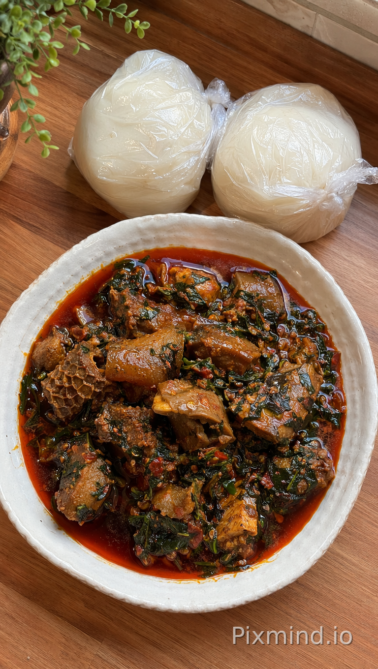 Overhead flat-lay shot of a steaming plate of Efo Riro soup in a handcrafted white ceramic bowl, overflowing with rich red palm oil stew, tender pieces of ponmo, assorted beef, stockfish, and vibrant dark-green efo shoko leaves, placed beside two portions of smooth white pounded yam individually wrapped in transparent plastic. Shot on a warm terracotta-toned wooden kitchen counter, soft natural window light casting gentle shadows, rich textures visible, photorealistic 8K food photography, Nigerian culinary aesthetic, shallow depth of field.
