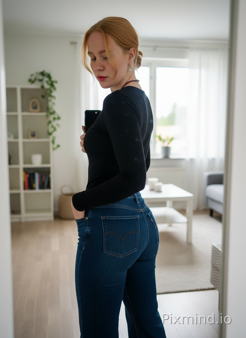 same woman. portrait. sensual, gorgeous. all natural, no makeup. head turned back over her shoulder, eyes looking down at the floor behind her. side view. hair is slightly more ginger.
wearing a simple black top, extremely form-fitting, made from quality material. she is short, only 5ft4.
small bum, perfectly shaped, round and firm. athletic body. her bum is akin to a shelf on a wall. creamy red lipstick, matching nails.
wearing extremely dark blue levi's jeans pants, extremely snug around her hips and bum, wide legs.
in a typical swedish apartment livingroom. mirror selfie photography. her left hand casually placed in her back pocket.
Photographed on Sony α7R V, 85mm f/1.4 lens, shallow depth of field, soft cinematic backlighting, background out of focus. Crisp details, hyper-detailed textures, 8k resolution, photorealistic, shot on 35mm film format.