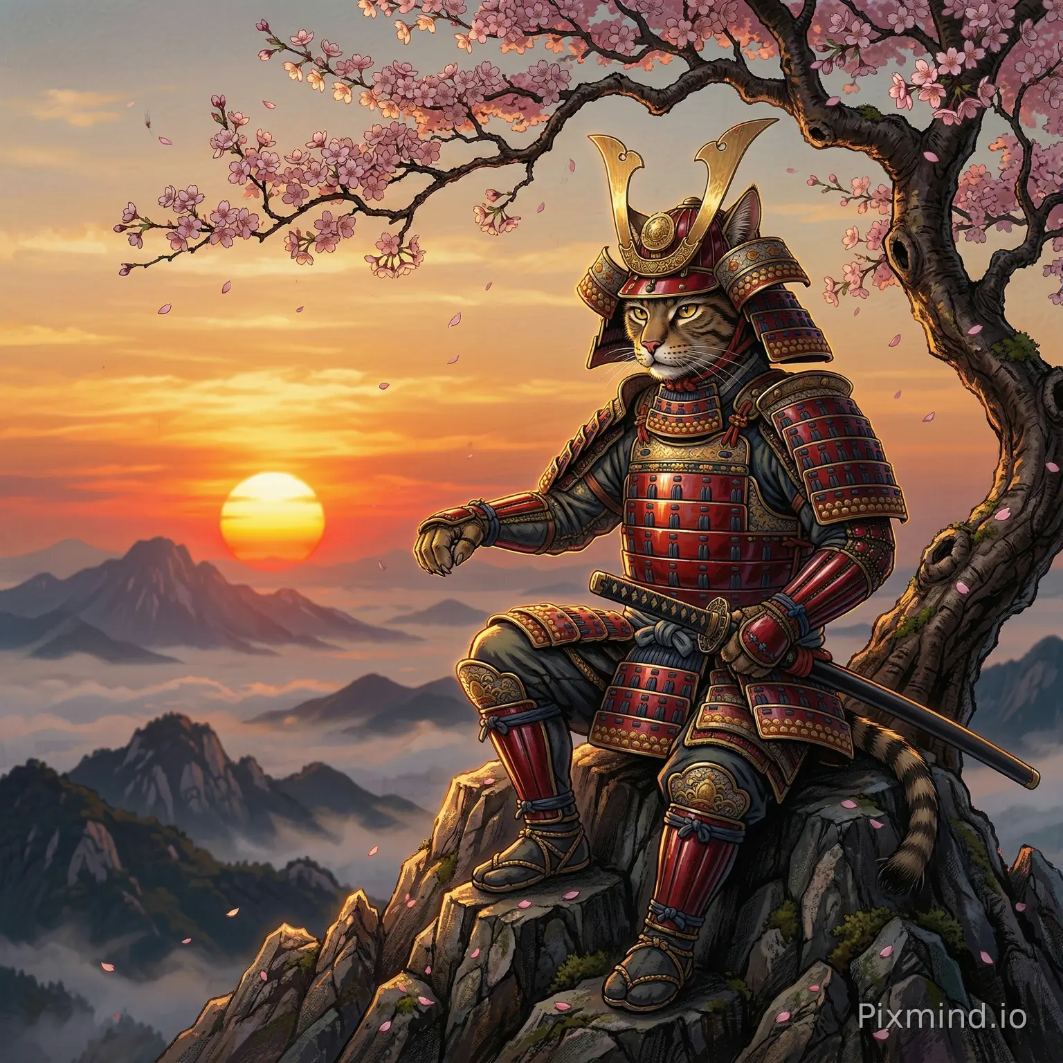 A majestic anthropomorphic samurai cat, clad in intricate crimson and gold lacquered yoroi armor with a prominent kabuto helmet. It sits contemplatively on a jagged mountain peak, its paw resting gently on a sheathed katana. Beside it, an ancient cherry blossom tree (sakura) with vibrant pink petals in full bloom frames the scene, its gnarled branches reaching towards the sky. The setting sun, a dramatic fiery orb, dips below distant, mist-shrouded mountain ranges, casting a warm, ethereal golden-hour glow and dramatic rim lighting. Panoramic vista, atmospheric perspective, deep depth of field. Neo-Ukiyo-e digital art, highly intricate details, rich textures, vibrant color palette. Masterpiece, best quality, ultra-detailed, cinematic, breathtaking, 8k.
