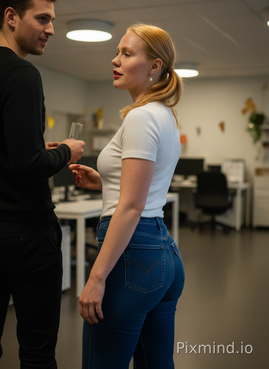 same woman. portrait. sensual, gorgeous. all natural, no makeup. side view. hair in low pigtails. hair is slightly more ginger.
wearing a simple white top, extremely form-fitting, made from quality material. she is short, only 5ft4.
small bum, perfectly shaped, round and firm. athletic body. her bum is akin to a shelf on a wall. creamy red lipstick, matching nails.
wearing extremely dark blue levi's jeans pants, extremely snug around her hips and bum, wide legs.
in a typical swedish office, office party. talking and flirting with a barely visible tall man.
Photographed on Sony α7R V, 85mm f/1.4 lens, shallow depth of field, soft cinematic backlighting, background out of focus. Crisp details, hyper-detailed textures, 8k resolution, photorealistic, shot on 35mm film format.