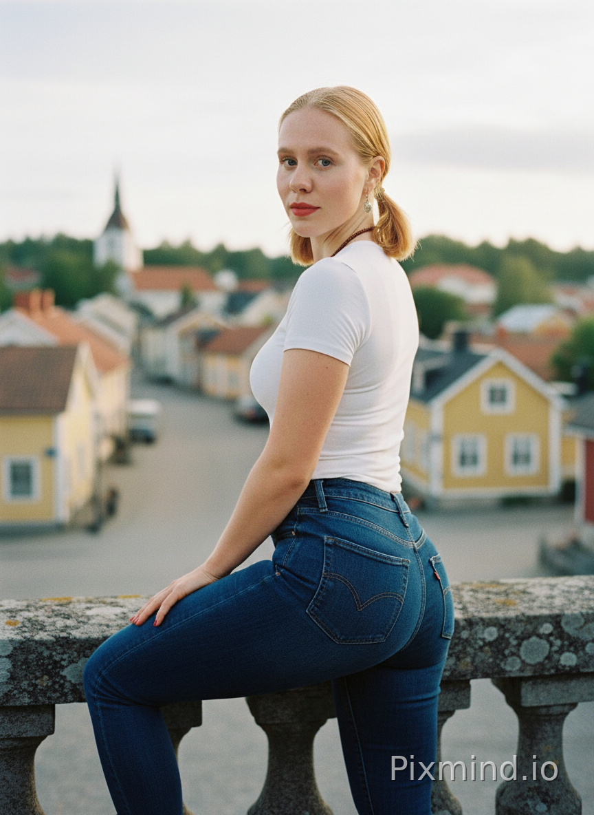 same woman. portrait. sensual, gorgeous. all natural, no makeup. looking back over her shoulder into the camera, like she is in love. side view. hair in low pigtails. hair is slightly more ginger.
wearing a simple white top, extremely form-fitting, made from quality material. she is short, only 5ft4.
small bum, perfectly shaped, round and firm. athletic body. her bum is akin to a shelf on a wall. creamy red lipstick, matching nails.
wearing extremely dark blue levi's jeans pants, extremely snug around her hips and bum, wide legs.
standing with one leg up on an old stone railing, the high leg is stretched out and almost reaching the height of her belly.
overlooking a pictureesque small town.
Photographed on Sony α7R V, 85mm f/1.4 lens, shallow depth of field, soft cinematic backlighting, background out of focus. Crisp details, hyper-detailed textures, 8k resolution, photorealistic, shot on 35mm film format.