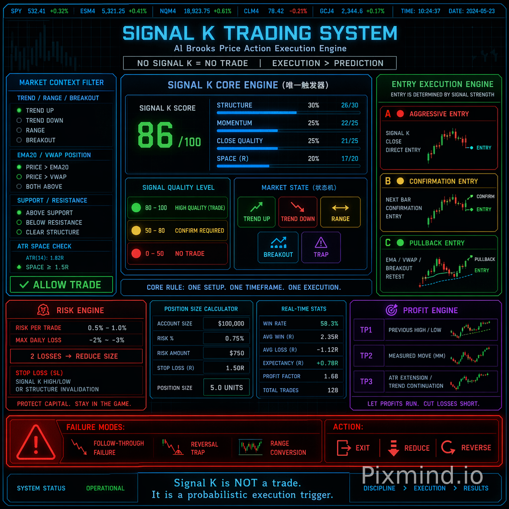 👉 机构黑底终端 UI 风格 A3 / 屏幕海报 / Trading Desk 图
🧠《Signal K 机构黑底终端 UI图生成 Prompt(最终版)》
你以后直接用这一段👇
🎯 PROMPT(可直接复制)
请生成一张“机构级交易终端UI风格”的黑底信息面板图(类似 Bloomberg / Prop Trading Desk 风格),用于交易员贴屏幕实盘使用。
🧩 设计要求:
风格:黑底(#0B0F14),霓虹发光UI
类型:交易终端HUD / 系统控制面板 / 非海报风
用途:实盘交易辅助决策界面(不是教学图)
信息密度:中高,但必须结构清晰可扫读
字体:类似等宽字体 / 终端字体 / 科技UI风格
🧠 核心系统标题:
SIGNAL K TRADING SYSTEM
Al Brooks Price Action Execution Engine
副标题:
NO SIGNAL K = NO TRADE | EXECUTION > PREDICTION
🧠 中央核心模块(最重要)
SIGNAL K CORE ENGINE(唯一触发器)
必须包含:
1. Signal K评分系统(0–100)
Structure 30%
Momentum 25%
Close Quality 25%
Space (R) 20%
2. 信号等级(灯号UI)
🟢 80–100 = HIGH QUALITY (TRADE)
🟡 50–80 = CONFIRM REQUIRED
🔴 0–50 = NO TRADE
3. Market State(状态机UI)
TREND UP
TREND DOWN
RANGE
BREAKOUT
TRAP
🟦 左侧模块:Market Context Filter
必须是检查面板UI:
Trend / Range / Breakout
EMA20 / VWAP 位置
Support / Resistance
ATR空间 ≥ 1.5R
输出:
✔ ALLOW TRADE
✖ NO TRADE
🟩 右侧模块:Entry Execution Engine(路径UI)
三条路径必须可视化:
A 🔴 Aggressive Entry
Signal K收盘直接进
B 🟡 Confirmation Entry
下一根K确认
C 🟢 Pullback Entry
EMA / VWAP / breakout retest
核心提示:
ENTRY IS DETERMINED BY SIGNAL STRENGTH
🟥 底部左:Risk Engine(风控UI)
Risk per trade: 0.5%–1%
Max daily loss: -2% ~ -3%
2 losses → reduce size
SL = Signal K high/low or structure invalidation
🟪 底部右:Profit Engine(止盈UI)
TP1 = previous high/low
TP2 = MM (Measured Move)
TP3 = ATR extension / trend continuation
❌ 底部红色警告模块(必须醒目)
FAILURE MODES:
Follow-through failure
Reversal trap
Range conversion
ACTION:
EXIT / REDUCE / REVERSE
🧠 底部中心哲学(必须像系统语句)
Signal K is NOT a trade.
It is a probabilistic execution trigger.
🎨 UI视觉风格要求(关键)
黑底终端风格
霓虹蓝 / 绿 / 红分区
模块化HUD面板
发光边框 + 数据卡片
类似交易员多屏系统界面
不要海报风,不要插画风
🚀 输出目标
生成结果必须像:
专业交易终端UI
可贴在多屏交易桌旁
具备“实时决策系统感”
非教学图,而是执行界面