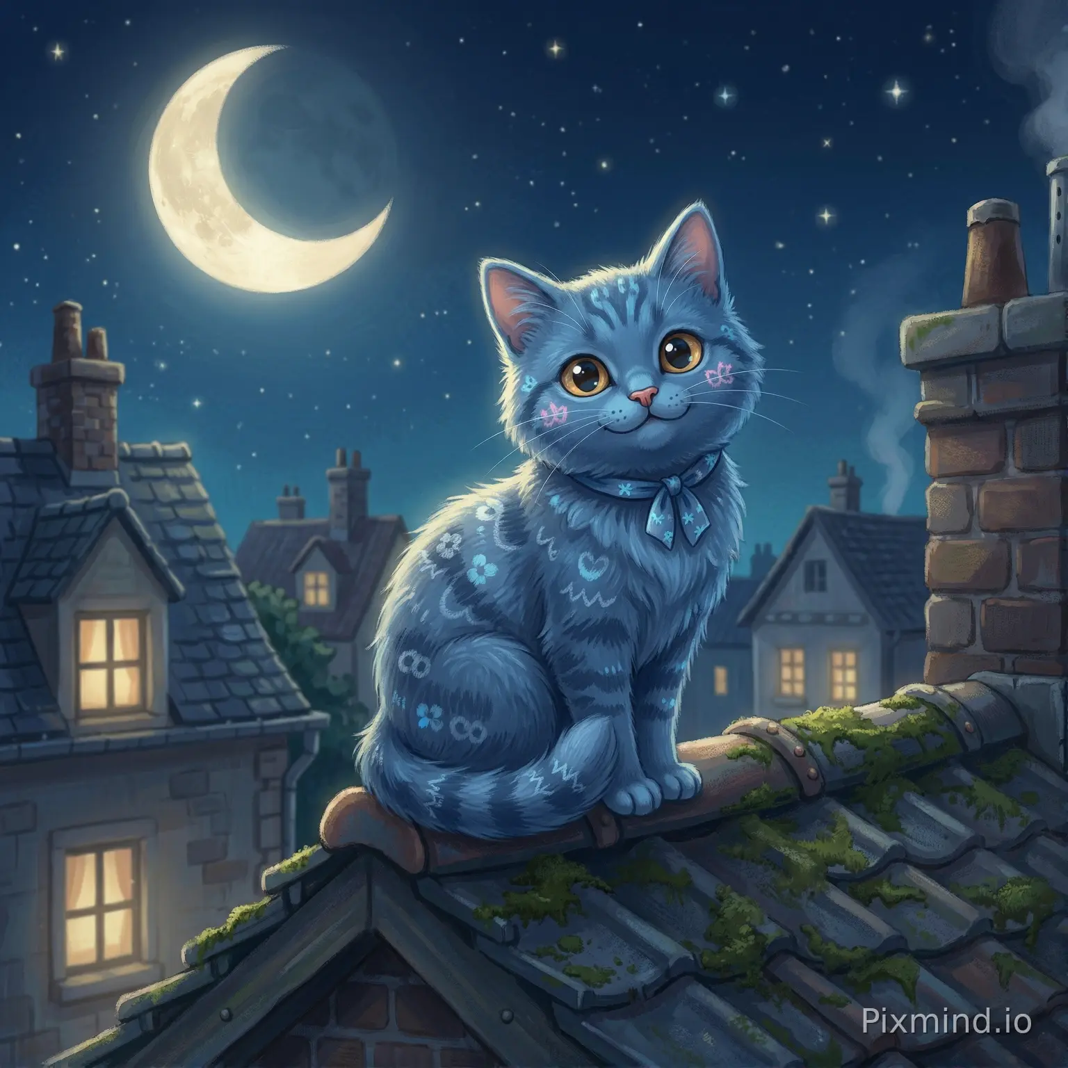 A cute blue cat sitting on a rooftop under moonlight