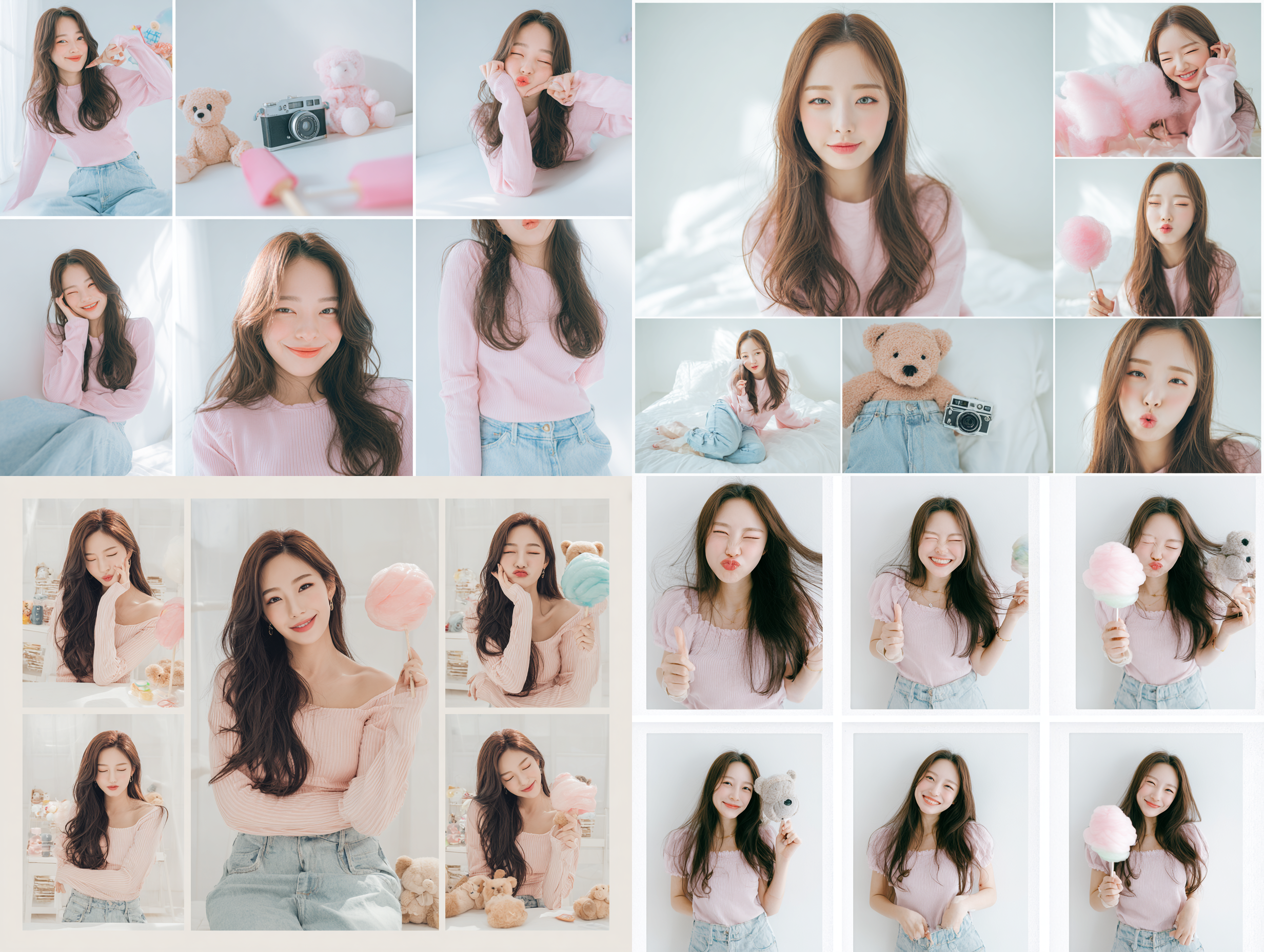 A stunning 2x2 magazine-style photo layout featuring a cute Korean girl with long flowing hair, exuding a soft girl aesthetic. She is dressed in a pastel pink top and loose-fitting light blue denim jeans. Each frame within the layout captures playful and candid moments, such as winking, cheek-pinching, or interacting with sweet props like cotton candy, a teddy bear, a toy camera, a popsicle, ice cream, and a lollipop. The setting is a clean, minimalist white photo studio. The lighting is natural, soft, and high-key, creating a fresh, bright, and dreamy atmosphere. The overall style incorporates pastel color palettes, cute Y2K accessories, and a strong Pinterest aesthetic, reminiscent of a K-pop idol photoshoot. Focus on soft skin textures, a harmonious visual balance, and charming feminine appeal, maintaining a tasteful and stylish vibe.