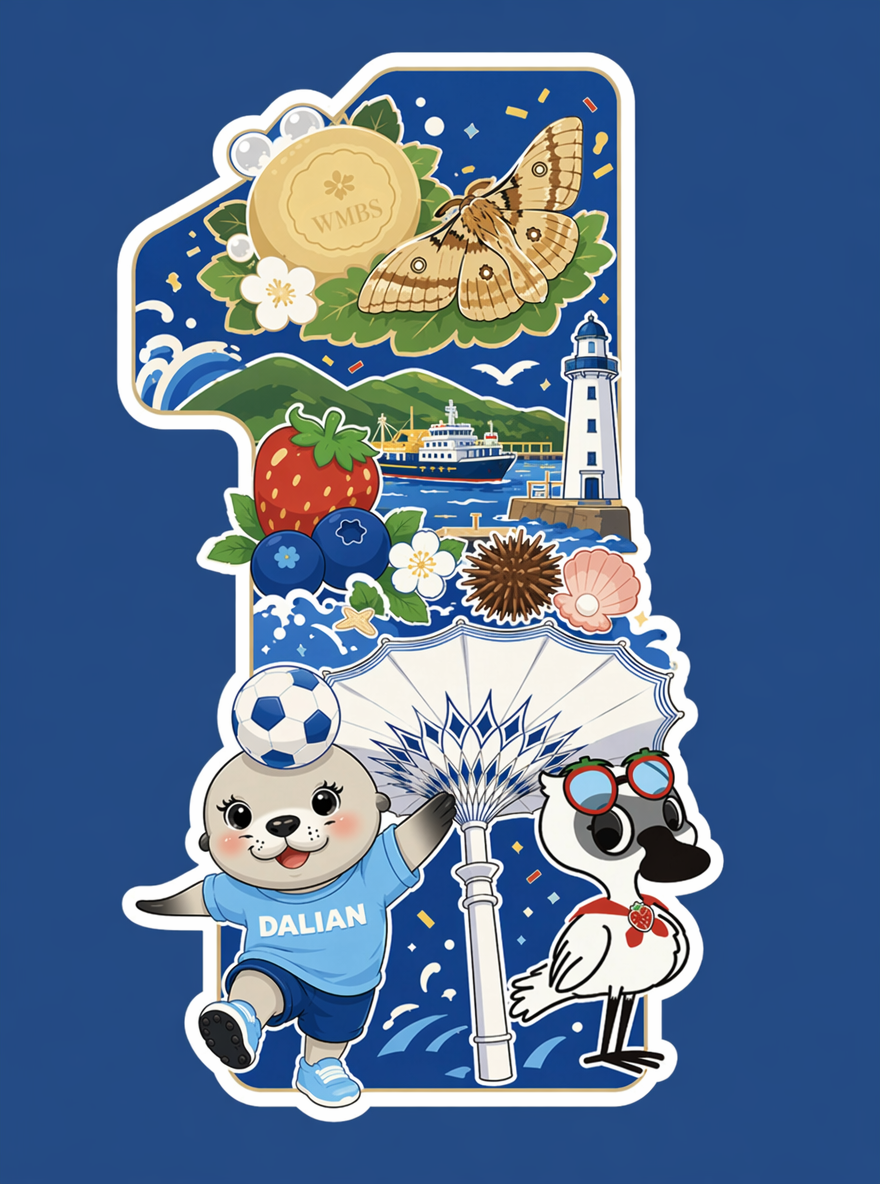 参考图一风格和图4的插画风格,把图2的元素,图2中海豹,伞和黑脸琵鹭的元素位置固定不变,放在画面下方。和图3的香皂,柞蚕蛾,大连的元素:草莓,蓝莓,丘陵,海洋,海港,灯塔,海胆,扇贝,元素组合在一起,组成数字1