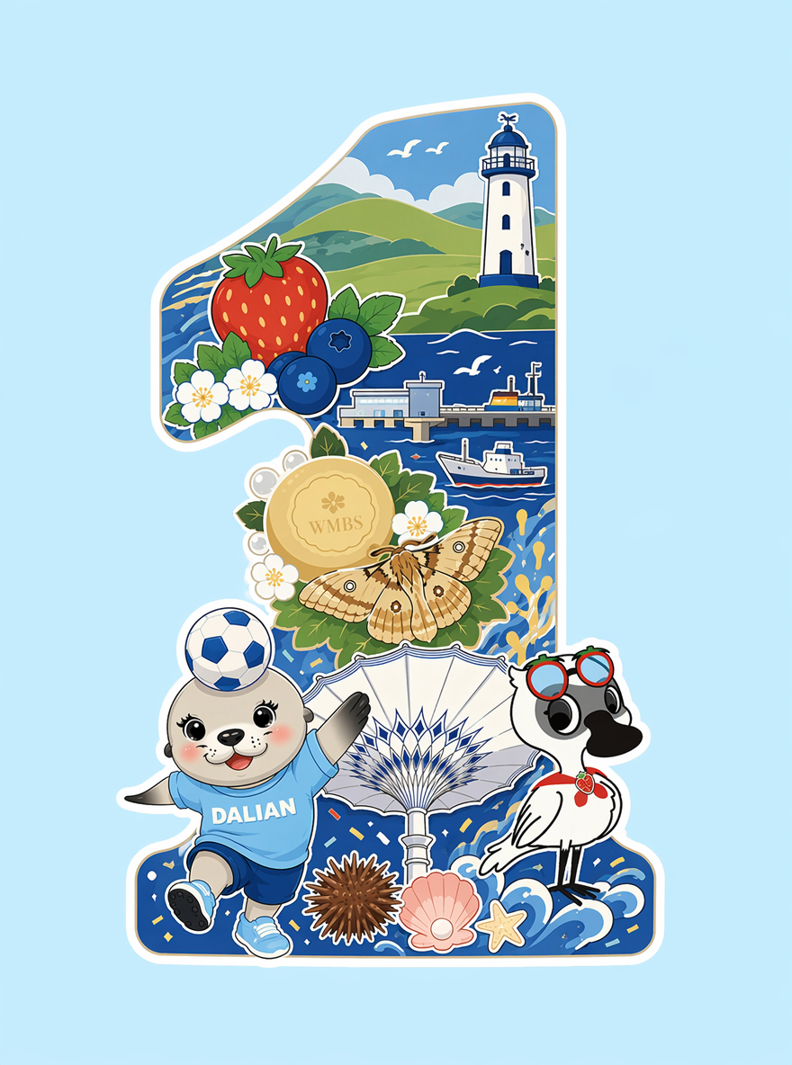 参考图一风格和图4的插画风格,把图2的元素,图2中海豹,伞和黑脸琵鹭的元素位置固定不变,放在画面下方。和图3的香皂,柞蚕蛾,大连的元素:草莓,蓝莓,丘陵,海洋,海港,灯塔,海胆,扇贝,元素组合在一起,组成数字1,数字1的轮廓清晰