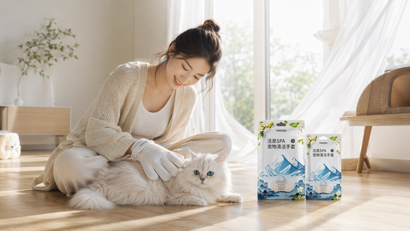治愈系宠物家居广告大片,年轻女生坐在阳光洒满的原木地板上,女生的手戴着白色的宠物免洗手套,她抚摸身旁的猫咪,白色长毛金吉拉猫趴在女生前,旁边地板上放着两袋我上传的产品,猫咪毛发蓬松,蓝色大眼睛,自然互动,落地窗透入温暖晨光,白色纱帘随风轻摆,北欧极简家居空间,奶油色调,原木地板,空气感十足,阳光穿过窗户形成柔和光影,温馨治愈氛围,生活方式摄影,高级商业广告,宠物品牌海报,杂志封面构图,超写实,电影级光影,高细节,真实皮肤质感,高清摄影