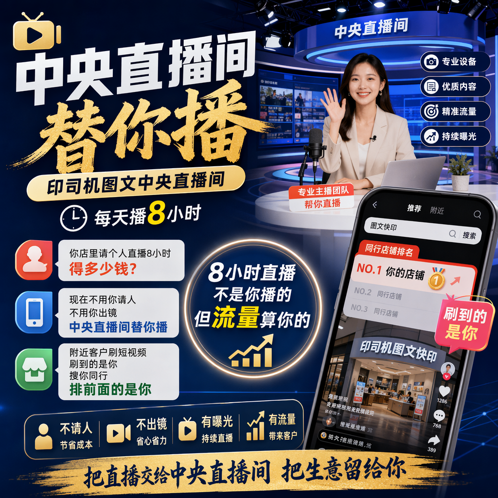 📺印司机图文中央直播间
每天播8小时
💬你店里请个人直播8小时
得多少钱
📱现在不用你请人
不用你出镜
中央直播间替你播
🏪附近客户刷短视频
刷到的是你
搜你同行
排前面的是你
💡8小时直播
不是你播的
但流量算你的 做个海报 中文准确 有创意