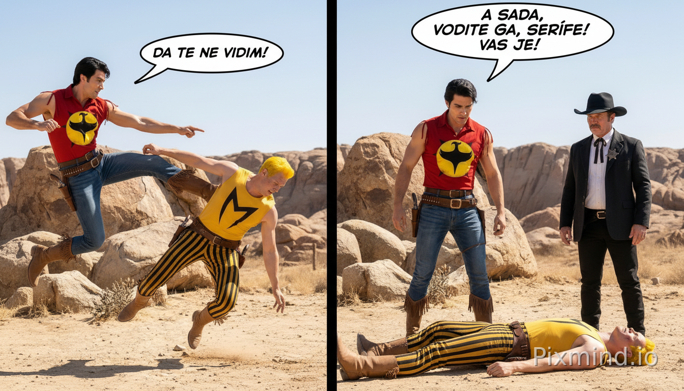 convert both drawings into two real photos with real people and surroundings in the same scale and with the same texts and movements as in the drawings. in the first drawing the man in the red shirt from the second uploaded photo is hitting the man in the yellow shirt from the third uploaded photo hard. in the second drawing the man in the red shirt from the second uploaded photo is pointing with his hand at the man in the yellow shirt from the third uploaded photo who is lying on the ground unconscious while the man in the fourth uploaded photo is watching. the background is similar to that of the second and third uploaded photos