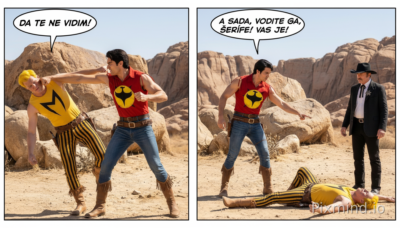 convert both drawings into two real photos with real people and surroundings in the same scale and with the same texts and movements as in the drawings. in the first drawing the man in the red shirt from the second uploaded photo punches the man in the yellow shirt from the third uploaded photo hard with his fist. in the second drawing the man in the red shirt from the second uploaded photo points with his hand at the man in the yellow shirt from the third uploaded photo who is lying on the ground unconscious while the man in the fourth uploaded photo looks on. the background is similar to that of the second and third uploaded photos