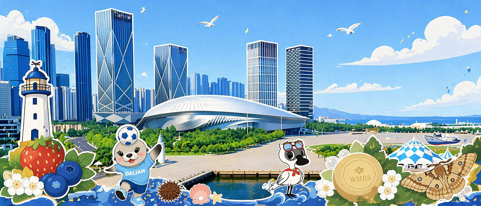 图一作为背景,把图二的灯塔卡通,图三的草莓蓝莓,图四的香皂和柞蚕蛾,图5的卡通元素,和图1自然的融入。要以主体建筑物为主,卡通元素作为点缀。参考图6的风格