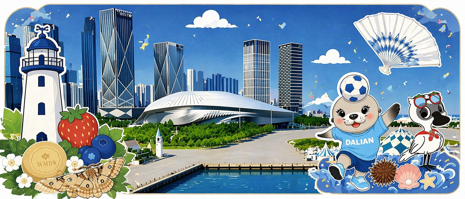 图一作为背景,把图二的灯塔卡通,图三的草莓蓝莓,图四的香皂和柞蚕蛾,图5的卡通元素,图6的伞,和图1自然的融入。要以主体建筑物为主,卡通元素作为点缀。参考图7的风格