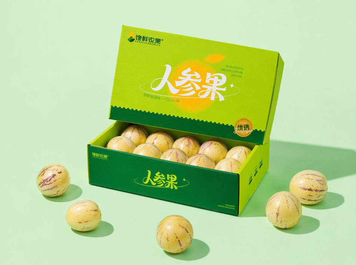 把图一根据图二的摆放形式,重新生成效果图,图一的包装设计版式字体固定不变,字体正确清晰,包装几个面的颜色也不变,完全按照图一设计,把盒子里外的水果换成人参果,背景色调清透,和图1一样