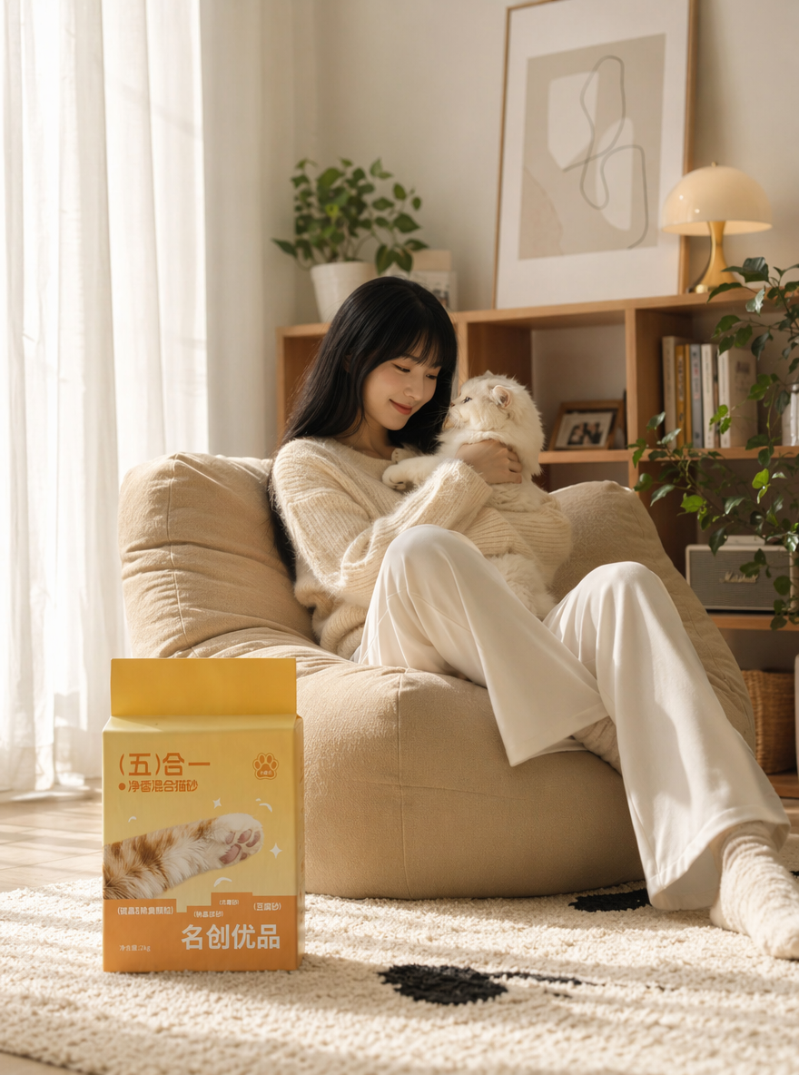 年轻亚洲女生,黑色长发刘海,穿米白色针织毛衣和白色阔腿裤,慵懒地靠坐在米色豆袋懒人沙发上,双手抱着一只白色布偶猫,微笑对视,奶油风客厅,落地窗纱帘,自然阳光洒入,木质书架,抽象装饰画,绿植,暖色台灯,羊毛地毯,现代极简家居,温馨治愈氛围,生活方式摄影,高级家居广告,柔和光影,超写实,8K。