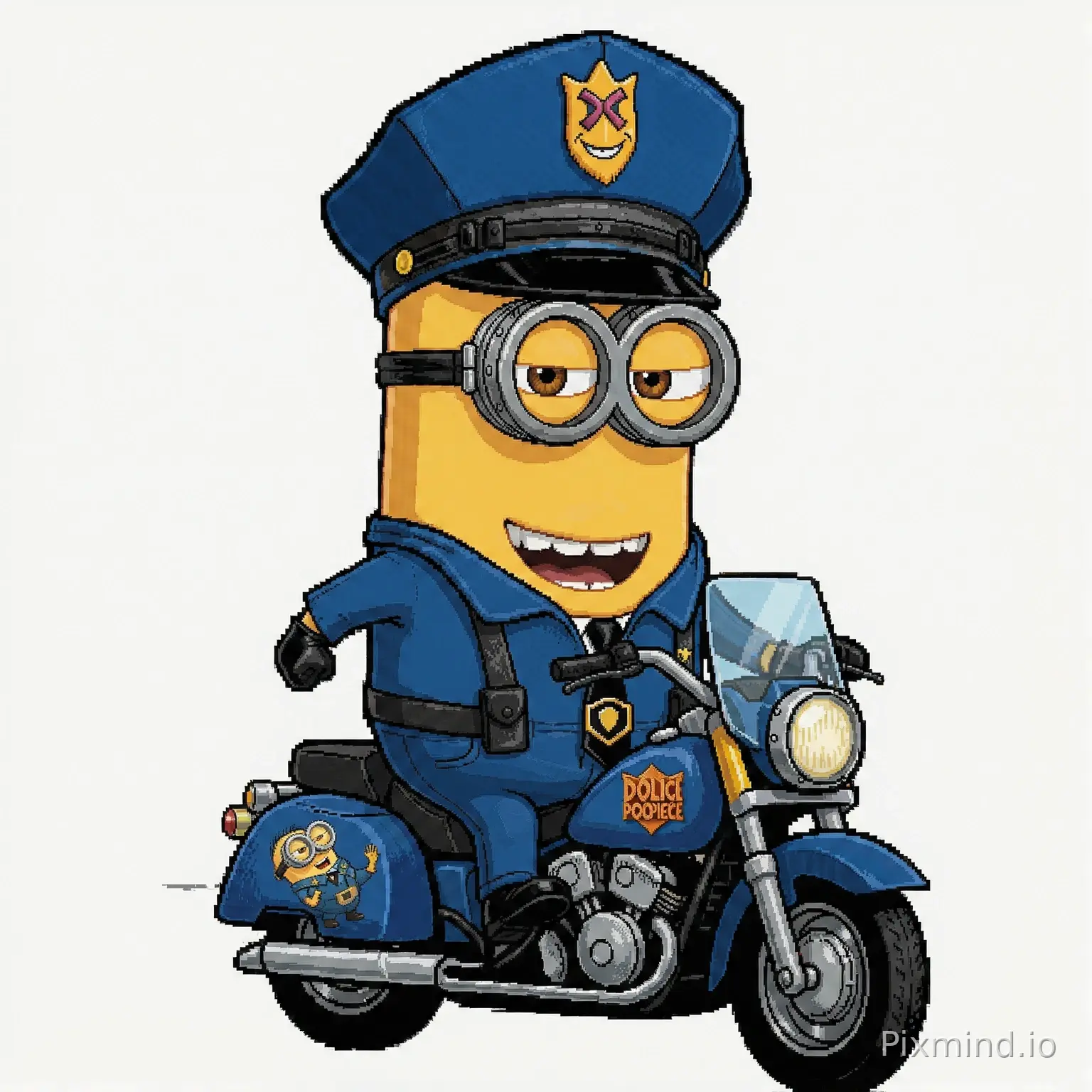 computer animated graphic image of the Dave from Despicable Me (2010) dressed as the motorcycle police officer from the Village People with clear background (nothing surrounding image)