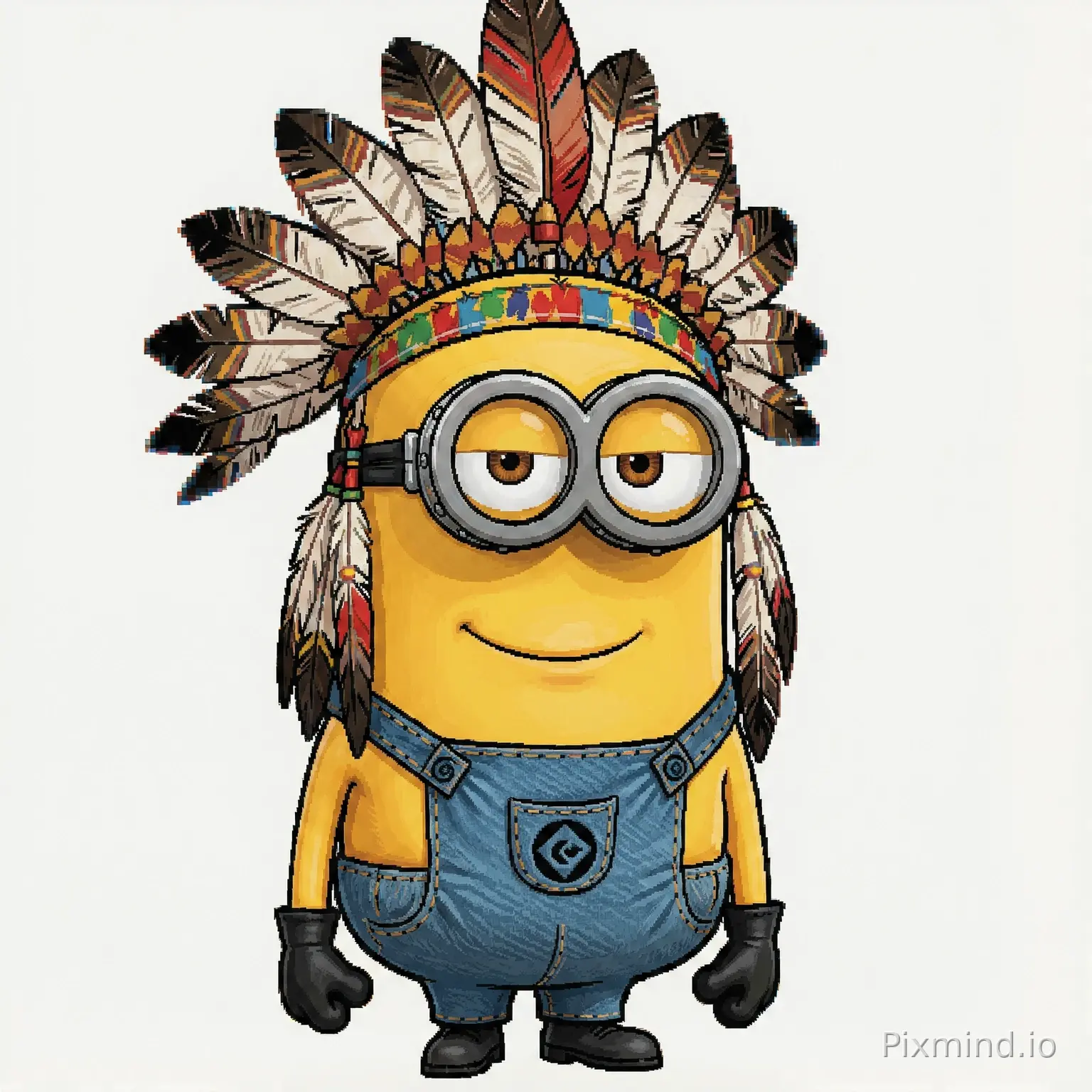 computer animated graphic image of the character minion Stuart from Minions (2015) dressed as the Native American from the Village People with clear background (nothing surrounding image)