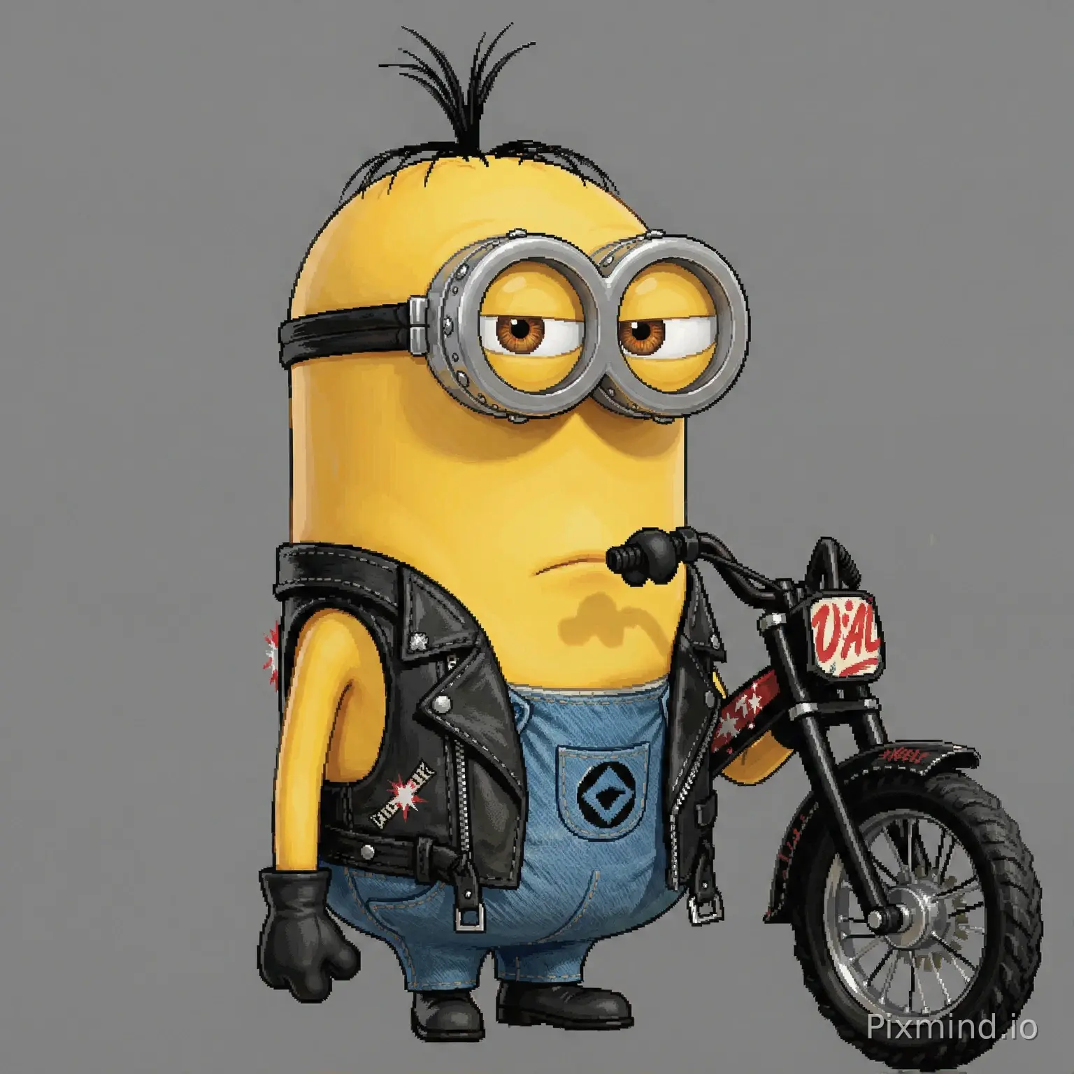 computer animated graphic image of the character minion Kevin from Minions (2015) dressed as the leather clad biker from the Village People with clear background (nothing surrounding image)