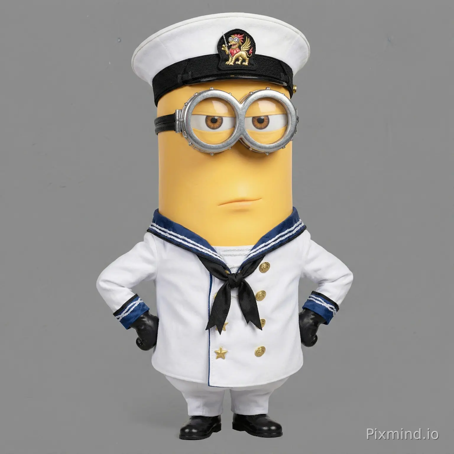 character minion Phil Despicable Me (2010) dressed as the naval seaman (white uniform) from the Village People with clear background (nothing surrounding image)