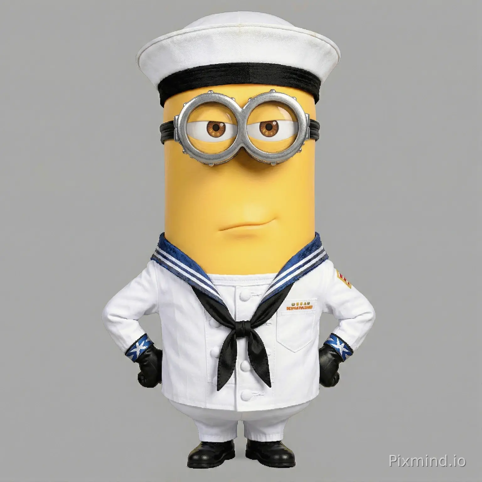 character minion Phil Despicable Me (2010) dressed as the us naval seaman (white uniform) from the Village People with clear background (nothing surrounding image)