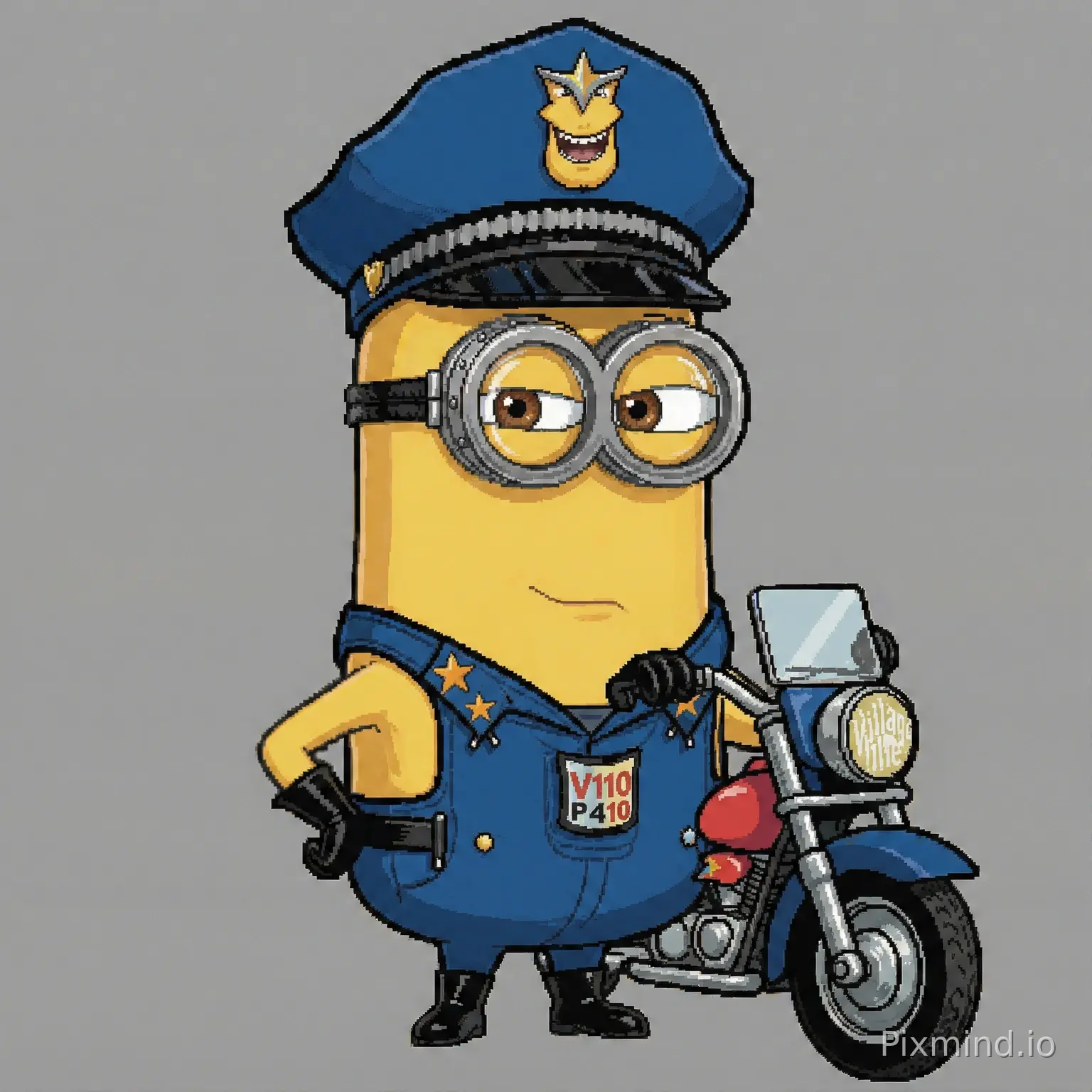 computer animated graphic image of the Dave from Despicable Me (2010) dressed as the motorcycle police officer from the Village People with clear background (nothing surrounding image)