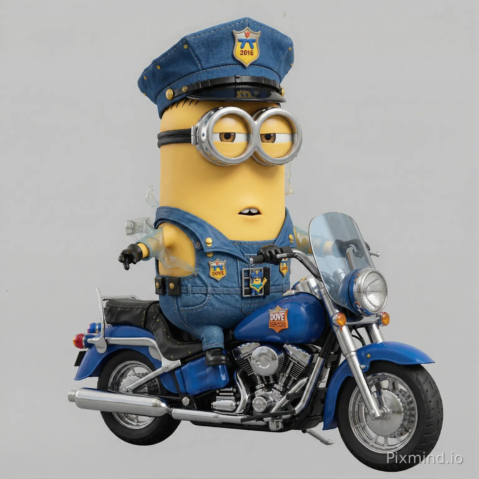 computer-generated imagery of the Dave from Despicable Me (2010) dressed as the motorcycle police officer from the Village People with clear background (nothing surrounding image)