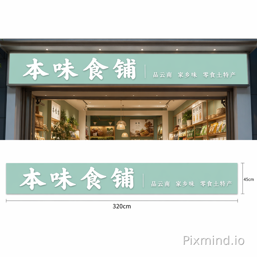 设计一个长320cm 高45cm的门头，大字：本味食铺，小字：品云南 家乡味  零食土特产，底板薄荷绿，字白色