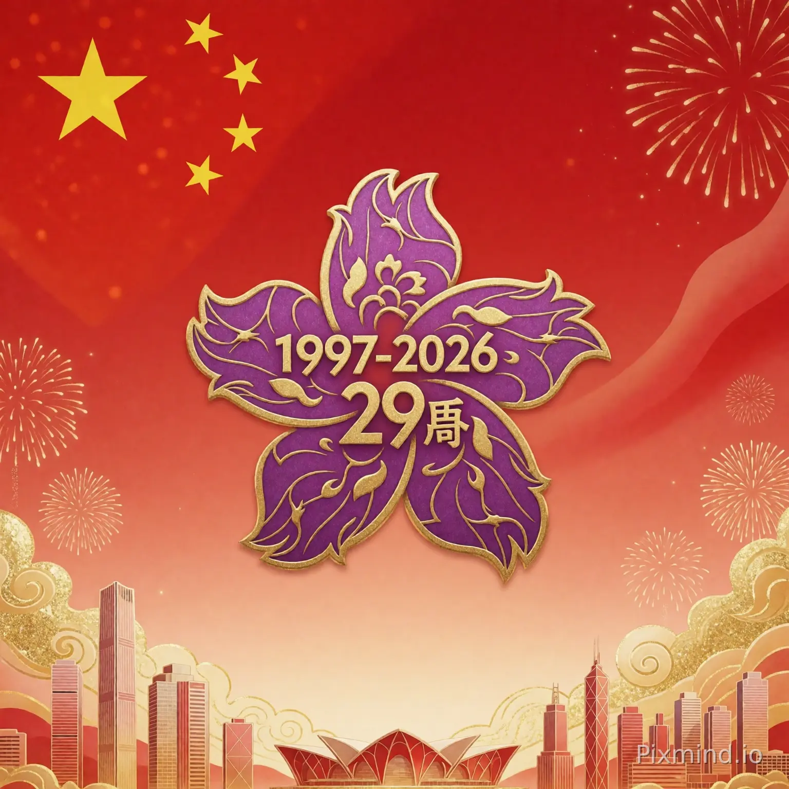 核心图案：五 星 红 旗 + 香 港 区 旗、绽放紫荆花（金色纹路）、“1997-2026” 29周年数字 背景基调：中 国红渐变 + 金色祥云 / 礼花、香 港地标剪影（中银大厦 / 会展中心）全部在上方 ，下方留空
