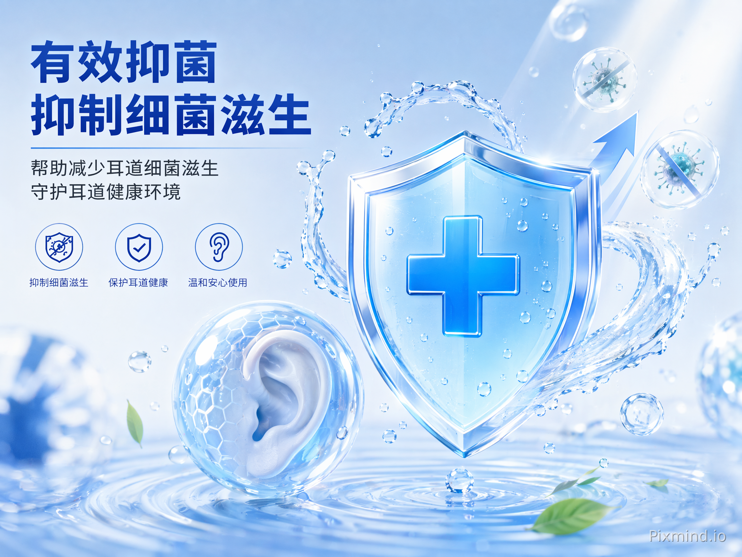 Conceptual image illustrating '有效抑菌 抑制细菌滋生'. A protective shield icon in blue, with water droplets and a clean, serene environment, symbolizing '帮助减少耳道细菌滋生守护耳道健康环境'. Soft blue and white color palette, clean and scientific aesthetic.