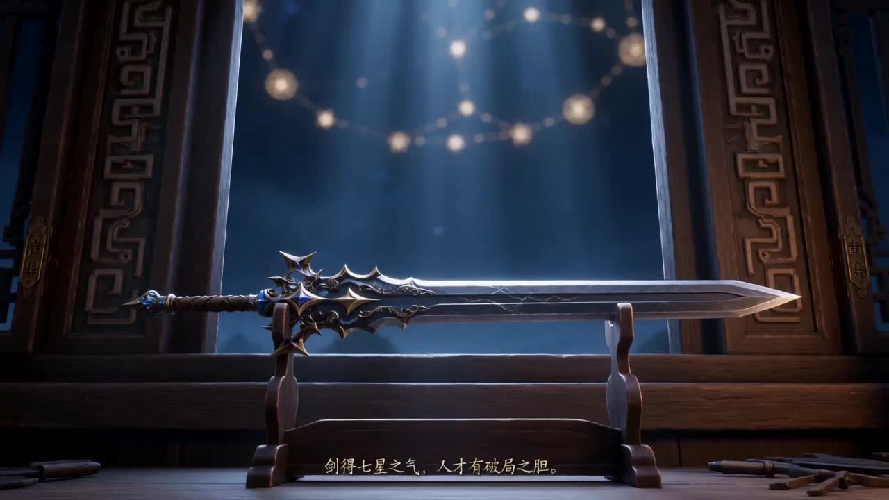 片段8｜北斗神咒·七星入锋｜Seedance-2视频提示词｜时长：15秒

基础参数：
16:9横版，15秒，24fps，3D国漫仙侠，UE5电影感，8K超清，纯卡通渲染，动画建模脸，无真人皮肤纹理，无写实毛孔，无现代元素，无水印无角标。电影级体积光，真实光影追踪感，0.5秒电影级动态模糊，贝塞尔丝滑缓动。

固定人物：
玄雷子=白袍银莲冠、持星扇、清冷沉稳、年轻俊朗。
本段对应角色：
玄雷子：白袍银莲冠、持星扇、清冷沉稳。宝剑悬于剑架，老剑匠与少年学徒在旁见证。

本段主题：
北斗神咒与破军护身咒入剑，完成神、气、形合一。

场景主体：
玄雷子；北斗七星；龙泉宝剑；老剑匠；少年学徒。

画面剧情：
玄雷子立于剑前，星扇一展，北斗七星在高空相连。空中传来北斗神咒吟诵感，七星光依次灌入剑身。最后摇光最亮，整把剑发出克制而纯净的银蓝之光。

镜头节奏：
0.0-5.0秒：北斗七星在夜幕上空依次显现。
5.0-10.0秒：玄雷子持扇诵咒，星光从天入剑。
10.0-15.0秒：摇光最后落下，剑身一震，定格完成。

特效与色调：
玄青、星蓝、银白、淡金。七星连线、剑身入光、轻雷细纹。

台词：
玄雷子：
“北斗九辰，中天大神。”
“贪狼巨门禄存，文曲廉贞武曲破军。”
“天关破军，破旧立新，福缘重生。”

音效：
北斗神咒吟诵；星光入剑清鸣；轻微雷音；钟磬尾音；剑身低鸣。

金句：
剑得七星之气，人才有破局之胆。

转场：
剑光一震，切向试锋场景。

本段禁止项：
禁止真人写实脸，禁止真人皮肤纹理，禁止写实毛孔，禁止现代元素，禁止现代机器，禁止科幻UI，禁止恐怖黑雾，禁止血腥杀戮，禁止邪神化，禁止水印logo角标，禁止乱码文字。