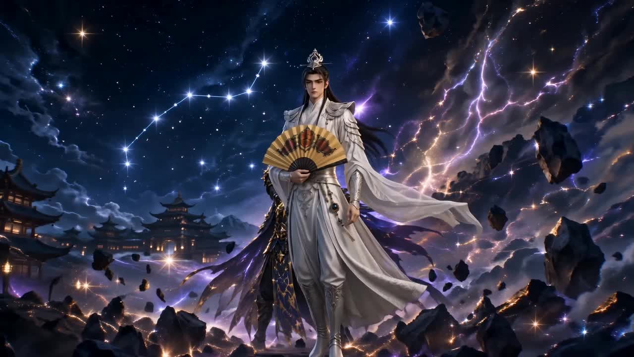 片段13｜七星七艺·非遗闪回｜Seedance-2视频提示词｜时长：15秒

基础参数：
16:9横版，15秒，24fps，3D国漫仙侠，UE5电影感，8K超清，纯卡通渲染，动画建模脸，无真人皮肤纹理，无写实毛孔，无现代元素，无水印无角标。电影级体积光，真实光影追踪感，0.5秒电影级动态模糊，贝塞尔丝滑缓动。

固定人物：
玄雷子=白袍银莲冠、持星扇、清冷沉稳、年轻俊朗。
本段对应角色：
玄雷子：白袍银莲冠、持星扇、清冷沉稳。七星七艺：巨门-口技，禄存-珠算，文曲-古籍修复，贪狼-皮影戏，廉贞-非遗铜镜，武曲-弓箭制作，破军-铸剑。

本段主题：
回顾整个北斗七星系列：七星对应七种非遗技艺，七星逐步亮起。

场景主体：
玄雷子；七个非遗闪回光幕；北斗七星；七星星影。

画面剧情：
玄雷子站在星河中央，身边依次浮现七个光幕幻像。贪狼皮影戏、巨门口技、禄存珠算、文曲古籍修复、廉贞非遗铜镜、武曲弓箭制作、破军铸剑。每出现一艺，对应那颗星亮起一分，直到七星齐明。

镜头节奏：
0.0-5.0秒：玄雷子立于星河中央，贪狼-皮影戏、巨门-口技、禄存-珠算三幕快速闪回，前三星点亮。
5.0-10.0秒：文曲-古籍修复、廉贞-非遗铜镜、武曲-弓箭制作接续出现，星光继续点亮。
10.0-15.0秒：破军-铸剑压轴，七星同时点亮，连成完整北斗。

特效与色调：
各星各有主色，最终收束为玄青、银白、淡金。星幕闪回、七星逐一亮起、斗柄成形。

台词：
玄雷子：
“七星不只是天上七点光。”
“也是七种守护，七种手艺，七条把文明传下来的路。”

音效：
回忆闪回轻鸣；算盘珠声；皮影操杆声；口技人声拟音；纸页修复声；铜镜清鸣；弓弦声；锤剑声；北斗神咒节奏型清晰进入。

金句：
一星一艺，一艺一脉；七星合明，文脉与匠脉同辉。

转场：
七星全部点亮后，镜头拉远，完整北斗悬空。

本段禁止项：
禁止真人写实脸，禁止真人皮肤纹理，禁止写实毛孔，禁止现代元素，禁止现代机器，禁止科幻UI，禁止恐怖黑雾，禁止血腥杀戮，禁止邪神化，禁止水印logo角标，禁止乱码文字。