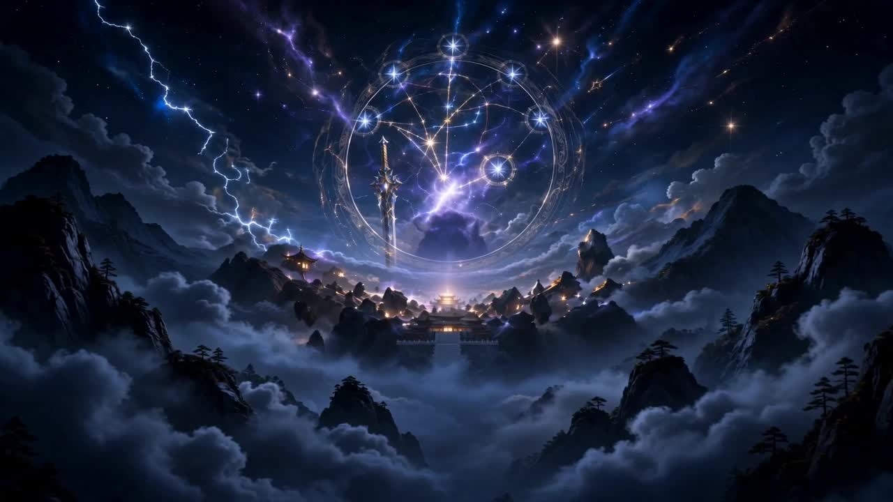 片段14｜北斗七星·解厄天团总摄｜Seedance-2视频提示词｜时长：15秒

基础参数：
16:9横版，15秒，24fps，3D国漫仙侠，UE5电影感，8K超清，纯卡通渲染，动画建模脸，无真人皮肤纹理，无写实毛孔，无现代元素，无水印无角标。电影级体积光，真实光影追踪感，0.5秒电影级动态模糊，贝塞尔丝滑缓动。

固定人物：
玄雷子=白袍银莲冠、持星扇、清冷沉稳、年轻俊朗。
本段对应角色：
玄雷子：白袍银莲冠、持星扇、清冷沉稳。七星星影只作半透明神影，远景神将阵影不可恐怖。

本段主题：
提炼北斗七星文章重点：北斗是本命星主、解厄天团、天乙星源。

场景主体：
玄雷子；完整北斗；七星星影；南陵神将远景阵影。

画面剧情：
北斗七星高悬紫微垣，玄雷子站在下方坛台。七星之下依次显现各自神职短象：贪狼招吉、巨门清秽、禄存守基、文曲开智、廉贞执法、武曲立业、破军重启。七星背后隐现南陵三千、北斗七千的神将阵列，只作远景气势。

镜头节奏：
0.0-5.0秒：大远景，北斗悬空，紫微垣深处透出帝阙星辉。
5.0-10.0秒：七星依次亮起，对应职权一一掠过。
10.0-15.0秒：镜头定于完整北斗与玄雷子，形成“天上七星、地上一人”的庄严画面。

特效与色调：
玄青、星蓝、银白、淡金。星气如针、神将阵影、淡雷细纹、紫微天光。

台词：
玄雷子：
“人人本命属北斗，七星各有分职。”
“有人开运，有人清秽，有人守成，有人开智。”
“到了破军，就是把旧厄连根拔起。”

音效：
北斗总咒吟诵感低声铺底；深空流动声；庄重钟磬；星光落下的细响。

金句：
北斗不是远在天边的星象，也是每个人命里的一盏灯。

转场：
北斗七星流下星光，化作针、雷、灯、阵四种象征。

本段禁止项：
禁止真人写实脸，禁止真人皮肤纹理，禁止写实毛孔，禁止现代元素，禁止现代机器，禁止科幻UI，禁止恐怖黑雾，禁止血腥杀戮，禁止邪神化，禁止水印logo角标，禁止乱码文字。