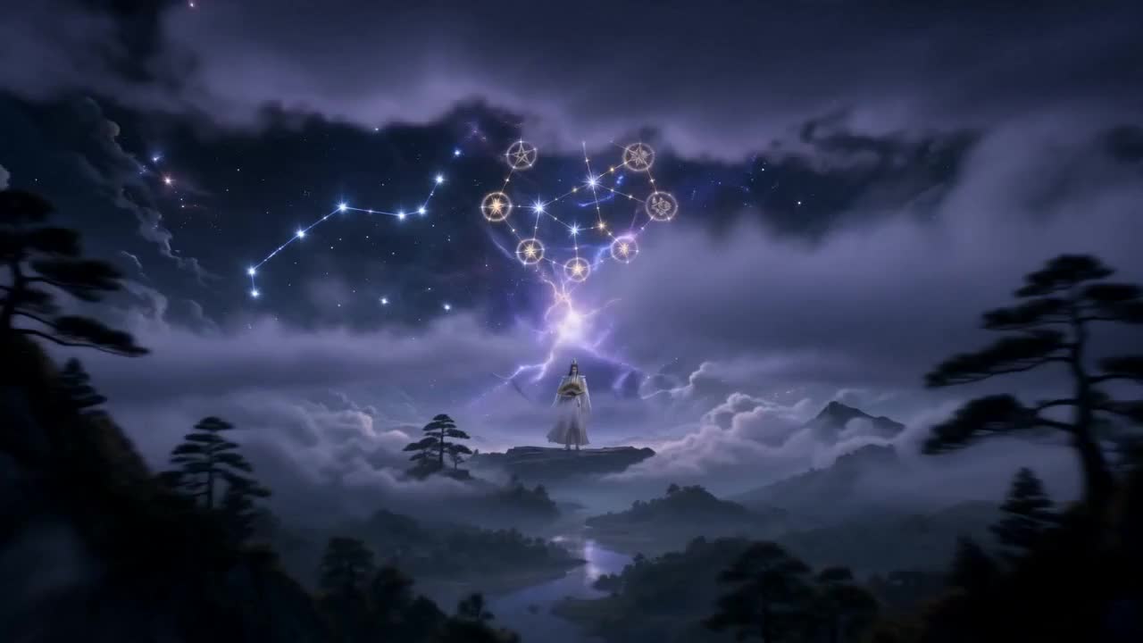 片段15｜北斗收官·星针雷法与七星归一｜Seedance-2视频提示词｜时长：15秒

基础参数：
16:9横版，15秒，24fps，3D国漫仙侠，UE5电影感，8K超清，纯卡通渲染，动画建模脸，无真人皮肤纹理，无写实毛孔，无现代元素，无水印无角标。电影级体积光，真实光影追踪感，0.5秒电影级动态模糊，贝塞尔丝滑缓动。

固定人物：
玄雷子=白袍银莲冠、持星扇、清冷沉稳、年轻俊朗。
本段对应角色：
玄雷子：白袍银莲冠、持星扇、清冷沉稳。七星七艺作为半透明光幕回归北斗，不再逐个展开。

本段主题：
终极总结：紫微星辰、非遗工艺、北斗神咒、天乙法脉合一。

场景主体：
玄雷子；完整北斗；非遗七艺光幕；星针雷法；人间山河。

画面剧情：
星空之下，玄雷子立于中央，头顶是完整北斗。左侧闪现诸葛七星灯、九宫飞星、风水卦位等象征；右侧闪现皮影戏、口技、珠算、古籍修复、铜镜、弓箭、铸剑等非遗技艺之光。最终所有画面收束到北斗七星之中，玄雷子抬扇，七星化成温润星图，落入人间山河。

镜头节奏：
0.0-5.0秒：建立“天上北斗、下接人间”的总图，左右两翼分别呈现法脉与技艺。
5.0-10.0秒：诸象回收，七星化作一体，悬于玄雷子头顶。
10.0-15.0秒：玄雷子抬扇向前，北斗星图化光落入山河，片名总标题与金句定格收尾。

特效与色调：
玄青、银白、暖金、紫微淡紫、山河青蓝。星针、雷炁、灯火、七星连线、人间山河被星光轻轻照亮。

台词：
玄雷子：
“北斗悬天，掌命门；星光入世，护众生。”
“七星是天上的秩序，也是人间的手艺、法脉和生路。”
“七星归一，照见天地，也照见众生前路。”

音效：
北斗神咒主旋律吟诵感完整抬起；古琴、鼓点、钟磬、风声与星流声融合；最后一记悠长钟鸣收尾。

金句：
北斗照命，非遗传脉，法器护心；七星归一，照见天地，也照见众生前路。

转场：
画面底部极简浮现：《破军星·摇光铸锋官》｜北斗七星系列·终章收束。

本段禁止项：
禁止真人写实脸，禁止真人皮肤纹理，禁止写实毛孔，禁止现代元素，禁止现代机器，禁止科幻UI，禁止恐怖黑雾，禁止血腥杀戮，禁止邪神化，禁止水印logo角标，禁止乱码文字。