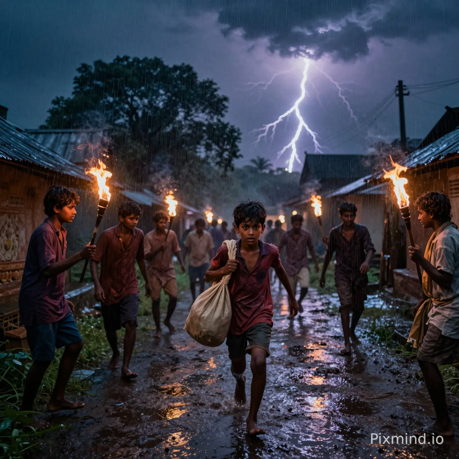 A dark Indian village at midnight, heavy rain, a frightened teenage boy runs barefoot carrying a small bag. Villagers chase him with flaming torches. Lightning flashes across the sky. Cinematic, ultra realistic, dramatic lighting, Telugu village, 4K.