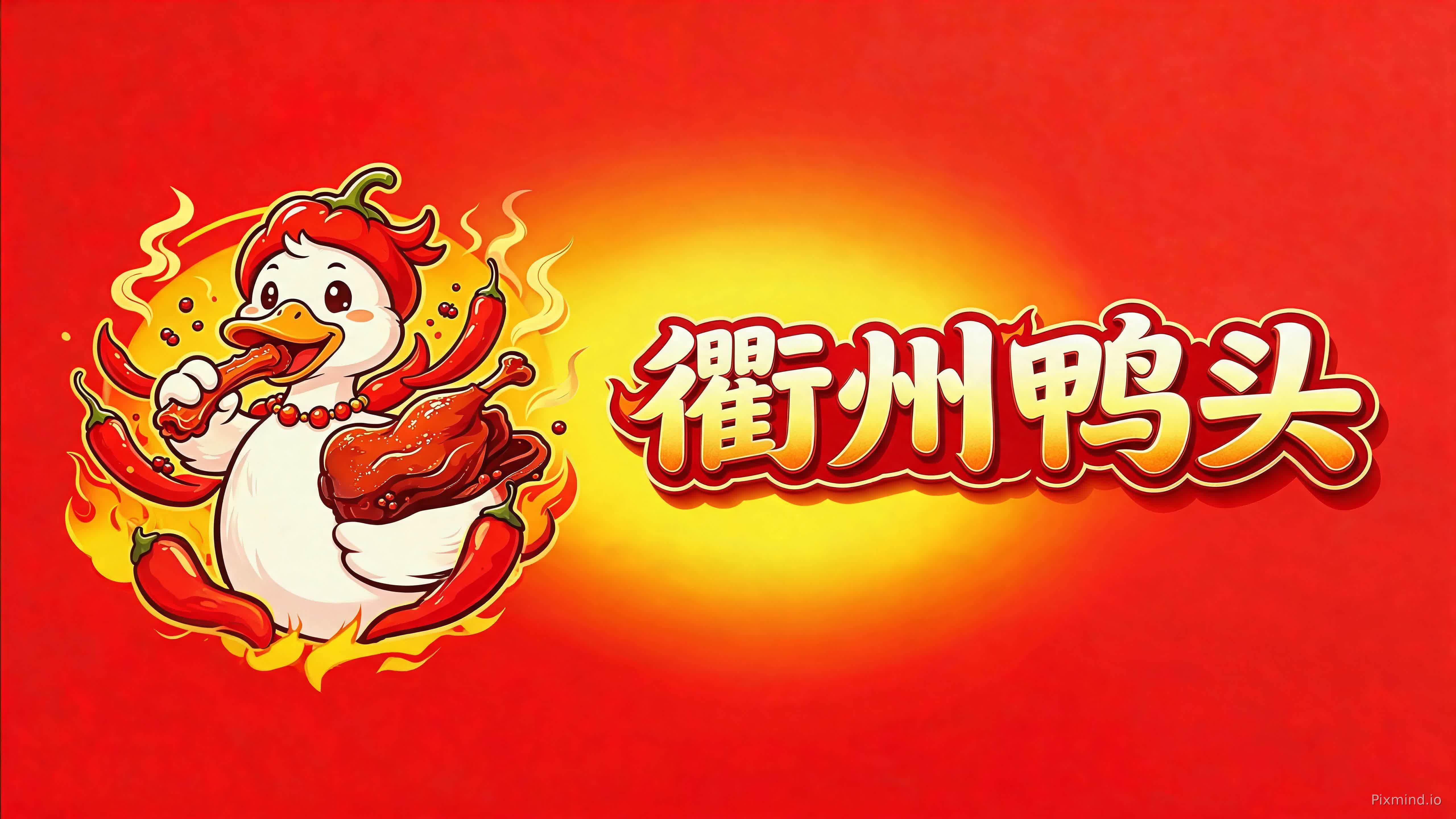 A vibrant and eye-catching logo for "Quzhou Duck Head" (衢州鸭头). On the left, a cute, energetic cartoon duck mascot is depicted, wearing a red chili pepper hat, happily holding a roasted duck leg. The duck is surrounded by dynamic chili peppers and subtle fiery orange-red flames, similar to the style in the second reference image. On the right, the text "衢州鸭头" (Quzhou Duck Head) is displayed in a prominent, three-dimensional, golden font with red outlines, featuring a glossy, slightly fiery effect, reminiscent of the first reference image. The overall background is a rich, warm gradient of red and orange, with a subtle fiery glow, creating a cohesive and inviting look. The design should be bold, appealing, and clearly communicate the brand's name and spicy duck theme.