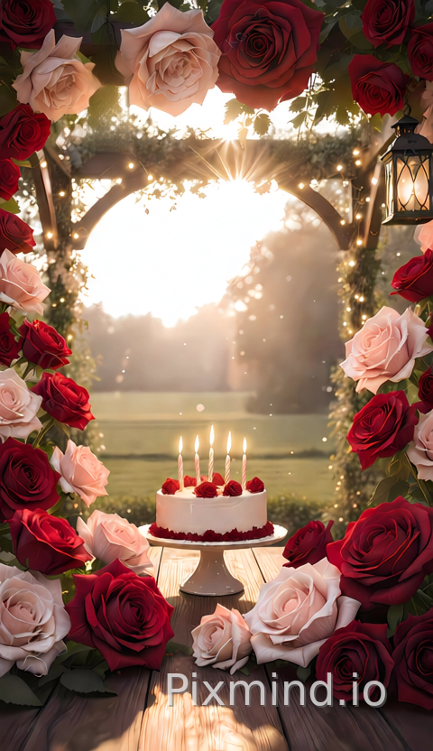 One layer separates the roses, the table, and the cake; another layer separates the background
