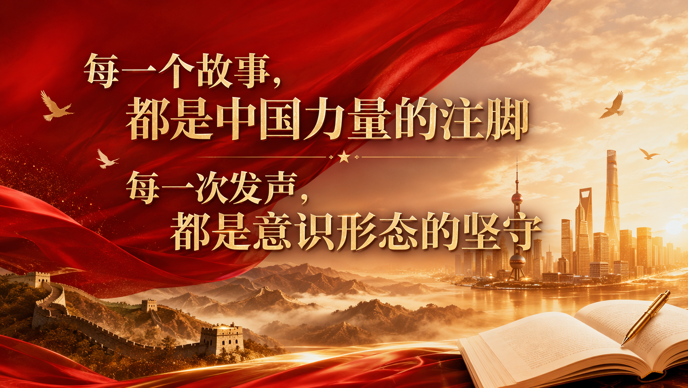 “每一个故事，都是中国力量的注脚” “每一次发声，都是意识形态的坚守“这对这两句话，设计一个封面，大气