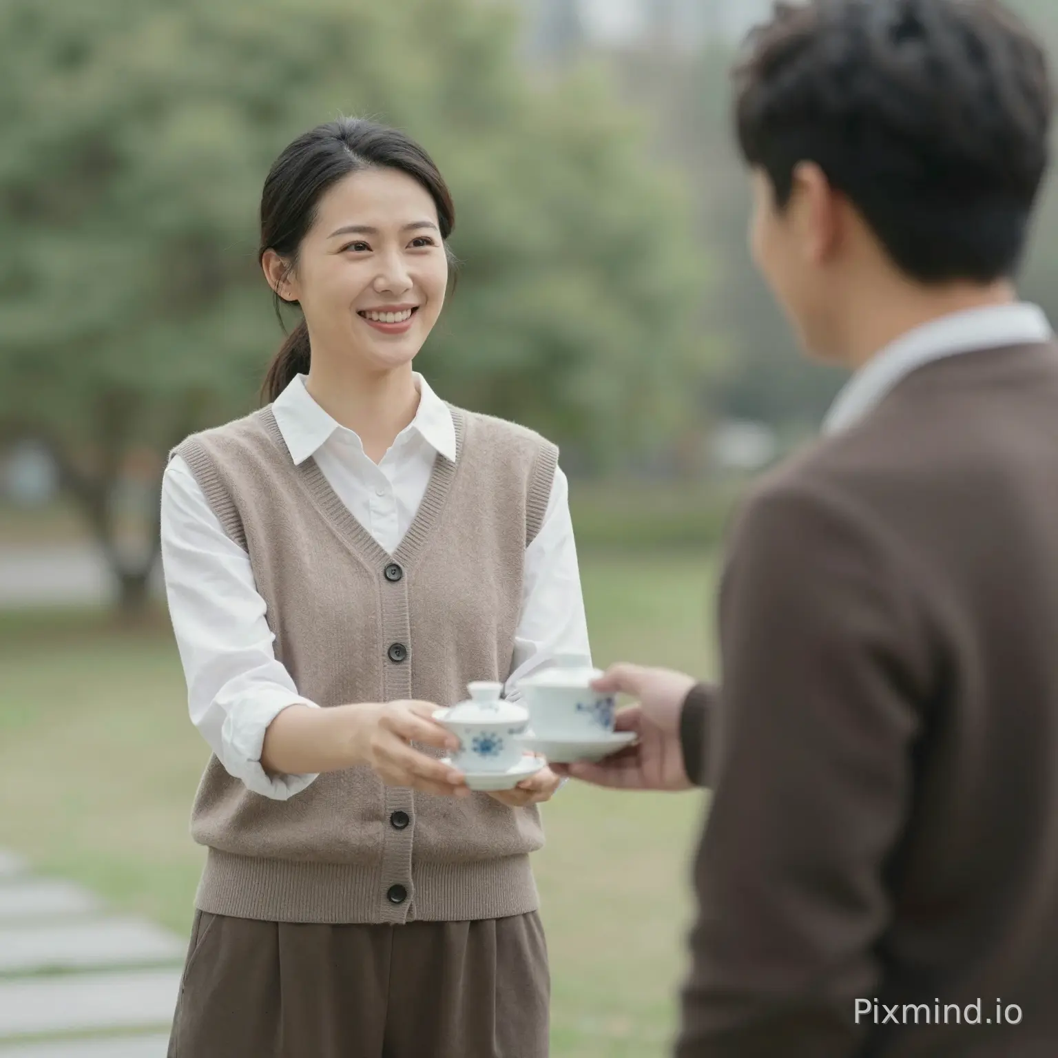 "Wife walking smiling and handing tea cup to husband"
