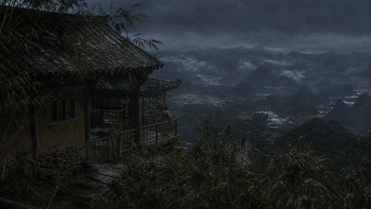 参照图，生成一个唐代在山上的房子，真实，胡金铨的构图和风格，近景