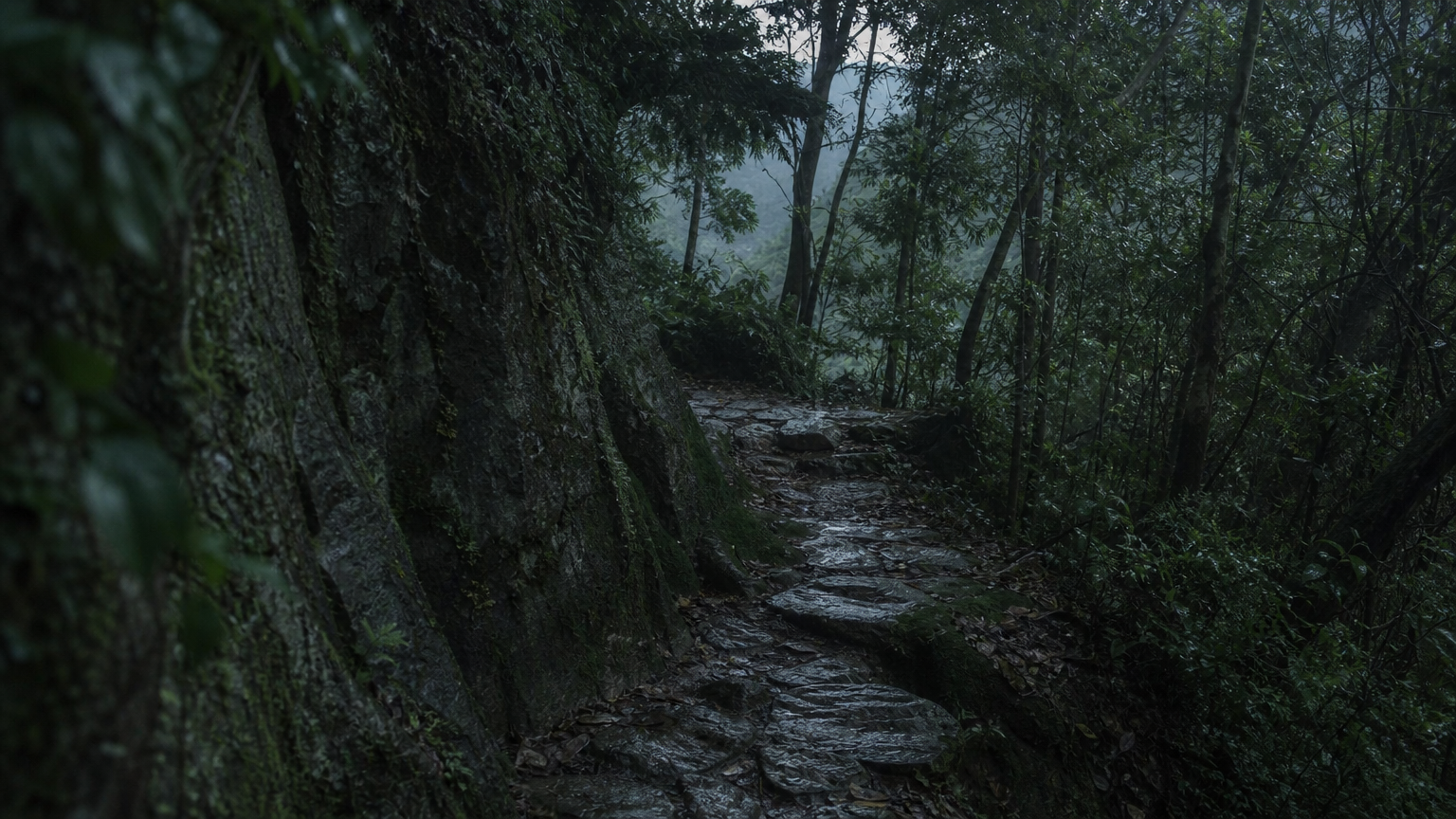 参照图，生成一个唐代在山上森林密道，真实，胡金铨的构图和风格，近景 不要出现人