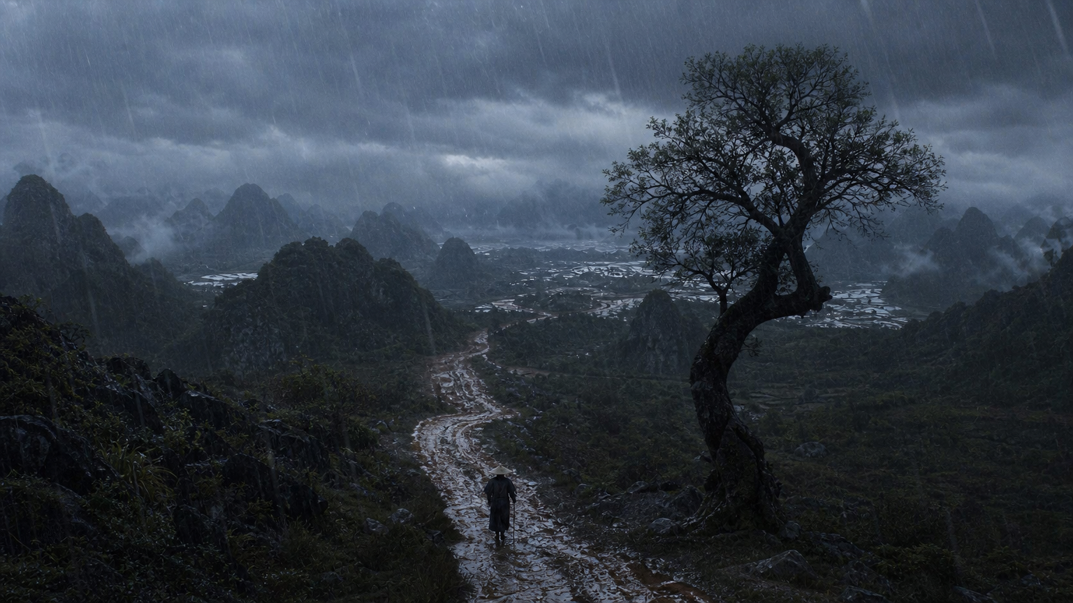 参照图，大雨，一条泥路大道，一棵老树，胡金铨风格和色彩，真实