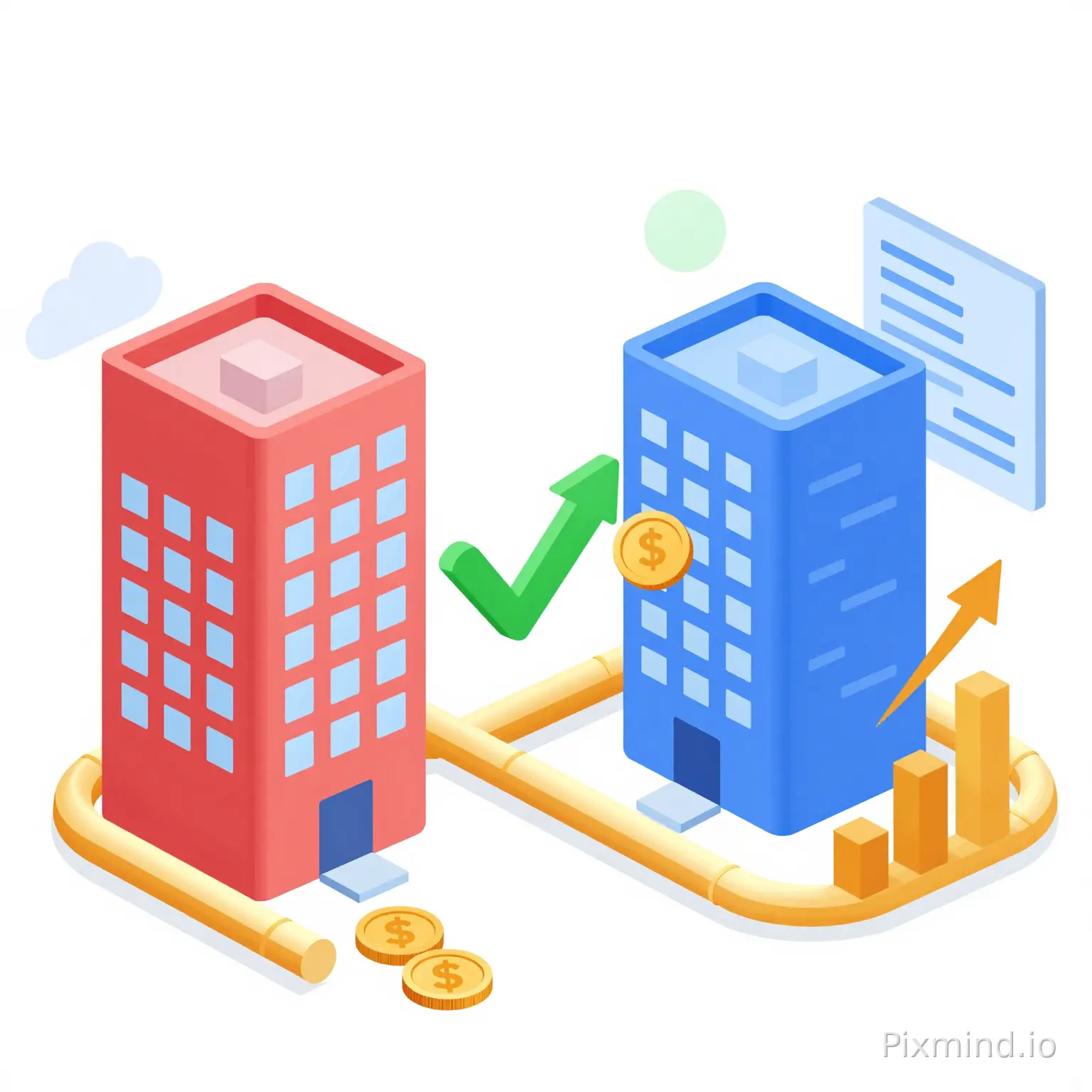 Flat vector illustration, two modern corporate buildings connected by a luminous golden pipeline, coins and cash flow transf…