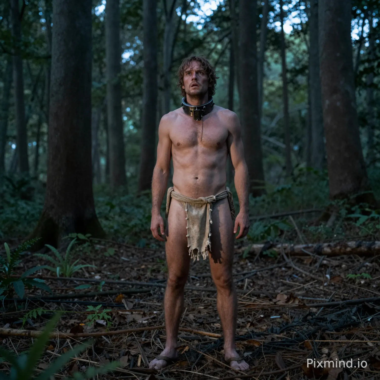 A man stands alone in a forest at dusk. He is wearing a loincloth and a heavy metal collar. He looks scared. He is surrounde…