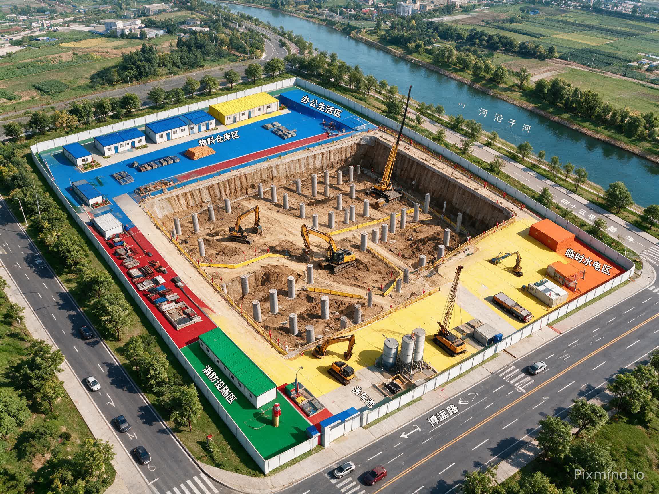 参考第二张基坑开挖的图片模板 生成第一张建筑物的基坑开挖的照片