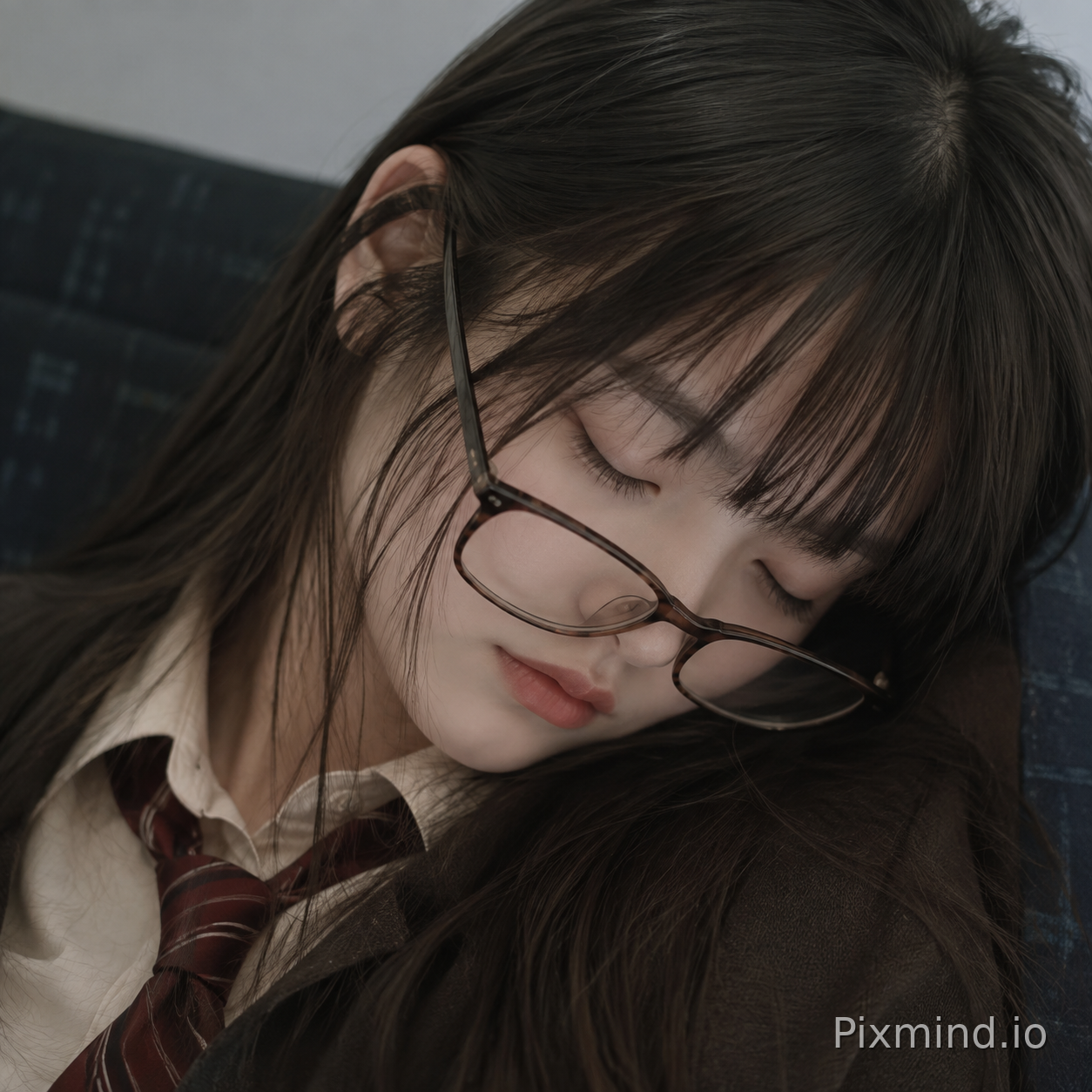Glasses falling down asleep eyes closed mouth closed bangs long hair
