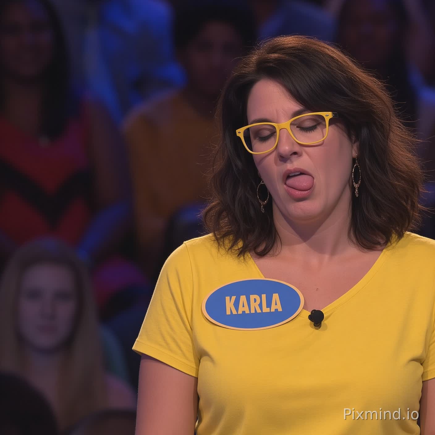 Glasses sleeping eyes closed tongue lips yellow short sleeve shirt