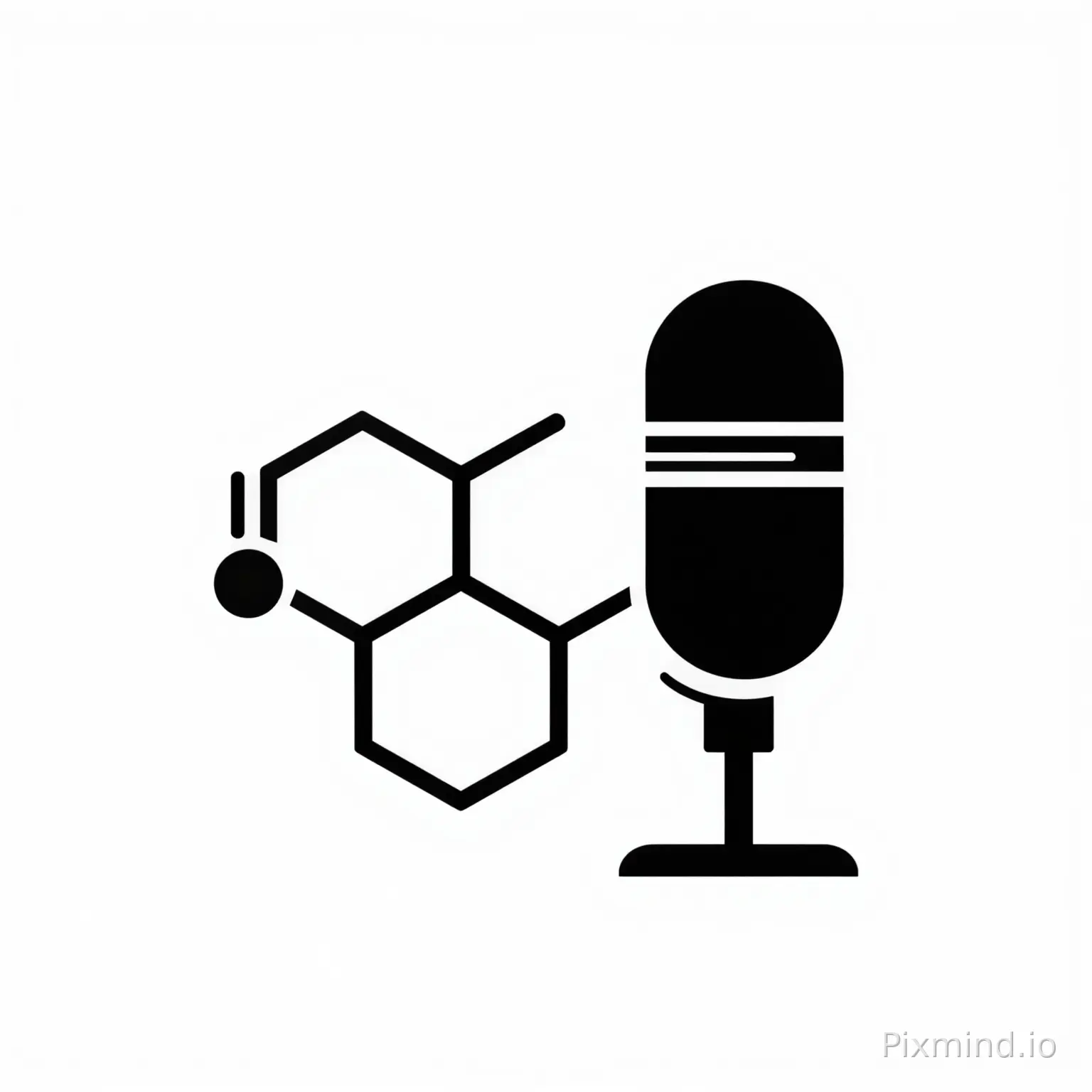 A minimalist yet intricate vector logo design featuring a clever synthesis of a classic podcast microphone and the molecular…