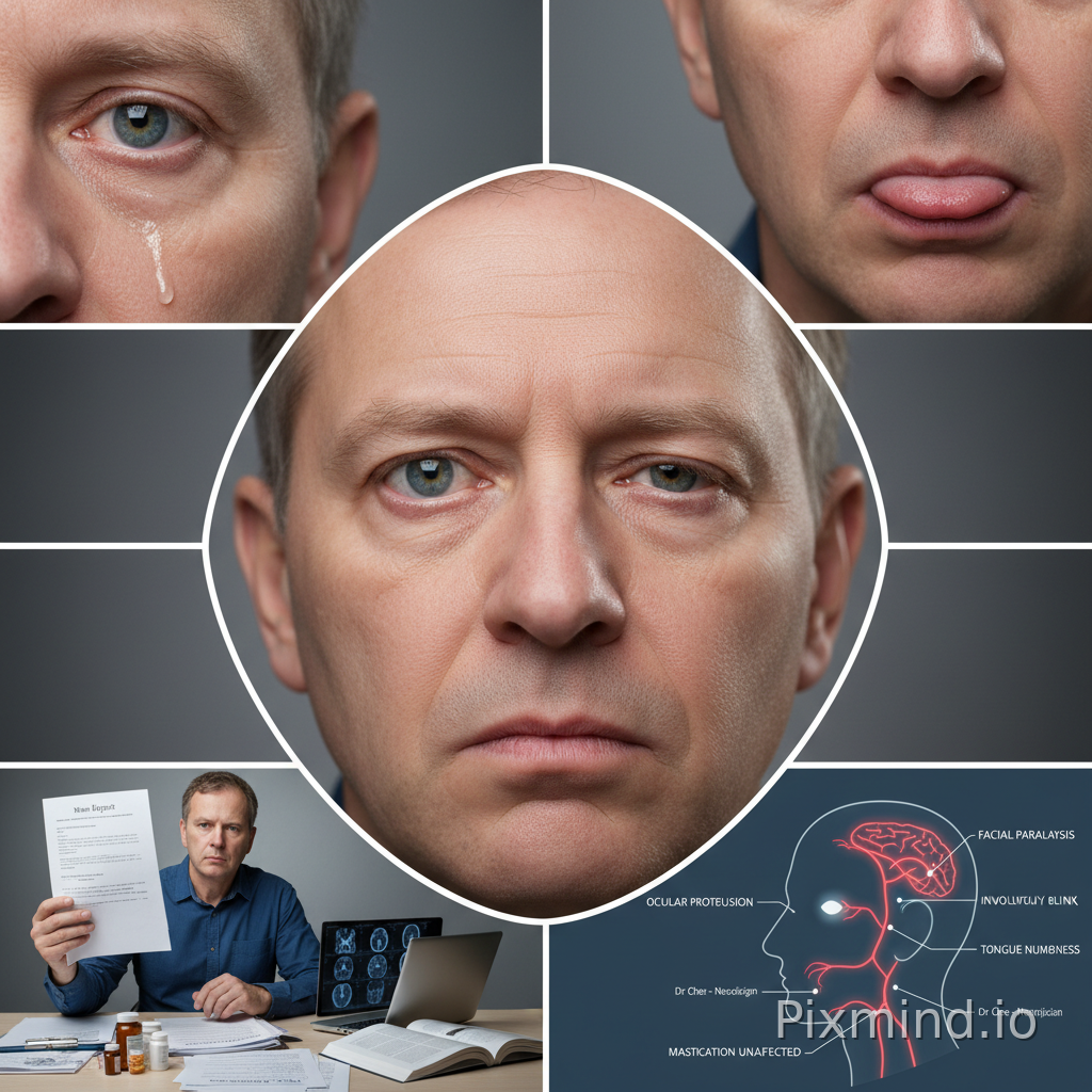 Create multiple images in one image of large size for 52 old male with following details. Facial paralysis since last 6 mont…